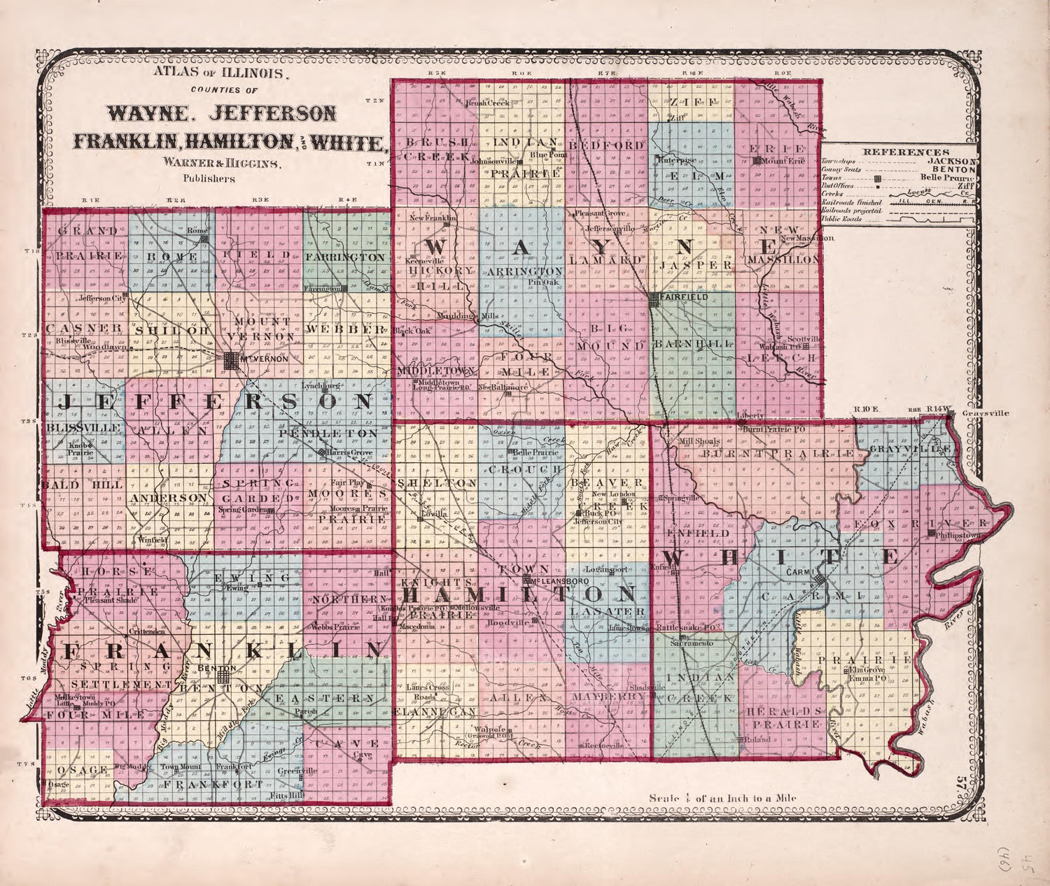 Wayne, Jefferson, Franklin, Hamilton and White from Atlas of Kendall County and the State of Illinois : to Which Is Added an Atlas of the United States, Maps of the Hemispheres &amp;c. &amp;c. &amp;c 1870 by Relic Map Company
