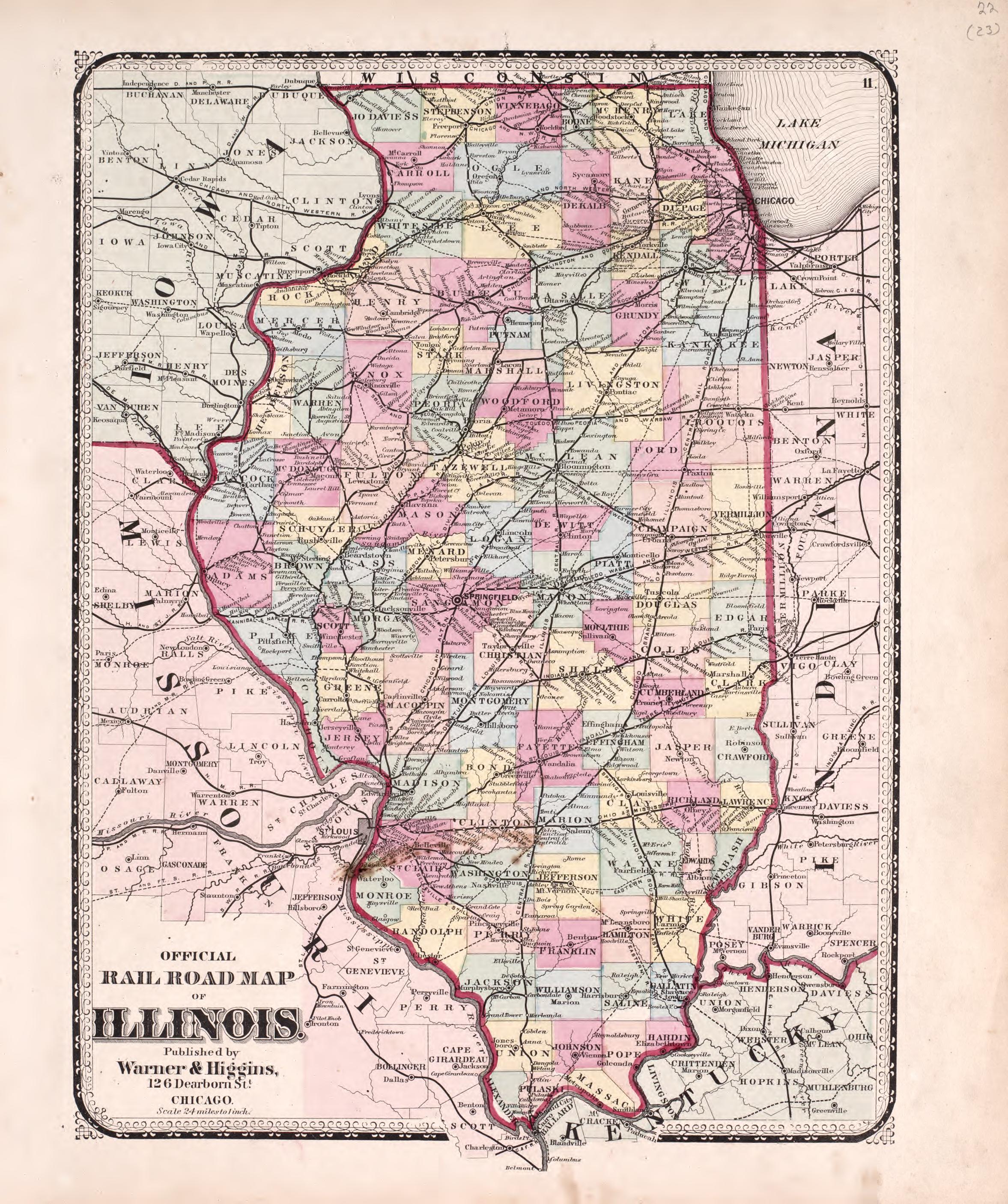 Official Railroad Map of Illinois from Atlas of Kendall County and the State of Illinois : to Which Is Added an Atlas of the United States, Maps of the Hemispheres &amp;c. &amp;c. &amp;c 1870 by Relic Map Company