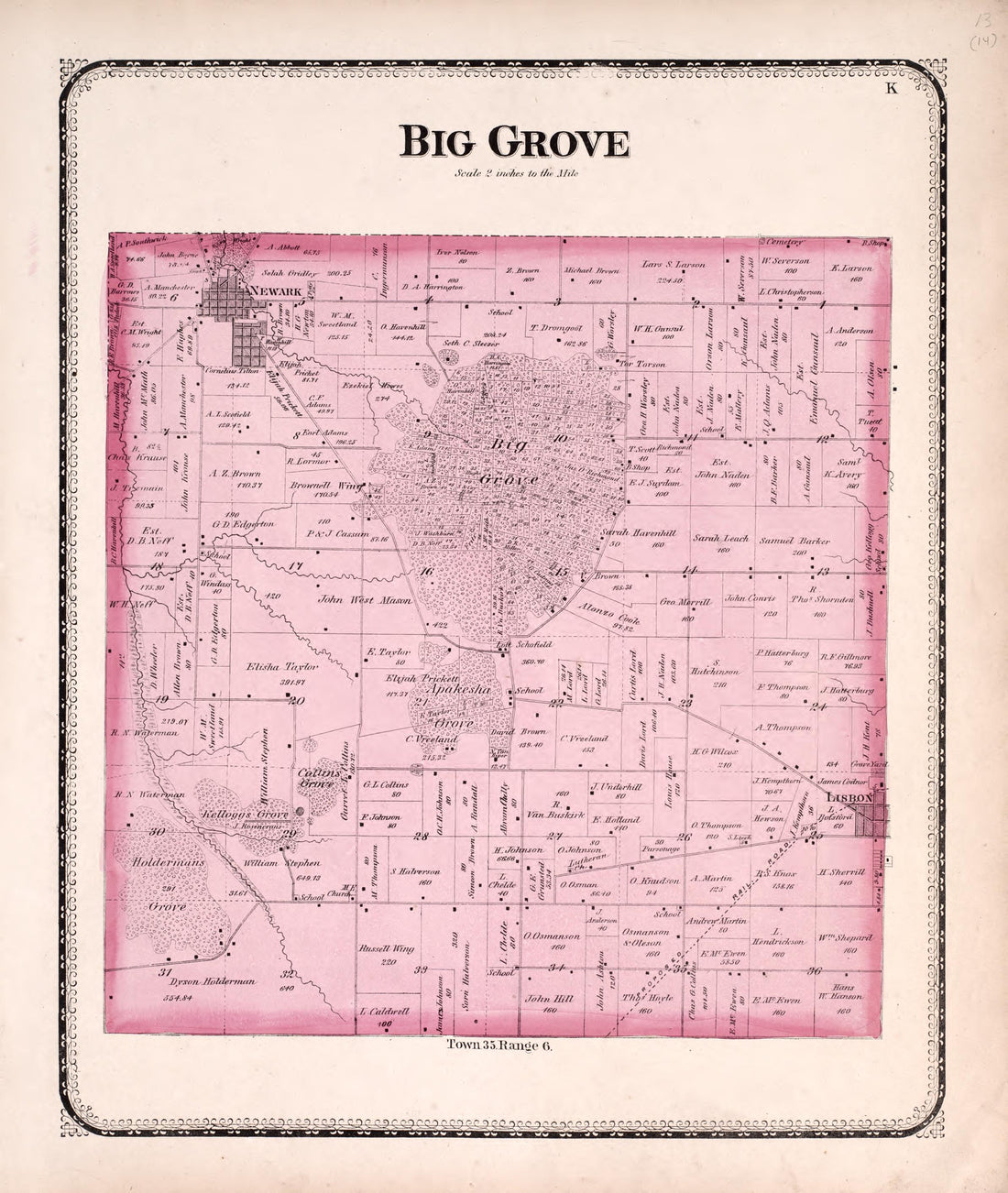 Big Grove from Atlas of Kendall County and the State of Illinois : to Which Is Added an Atlas of the United States, Maps of the Hemispheres &amp;c. &amp;c. &amp;c 1870 by Relic Map Company