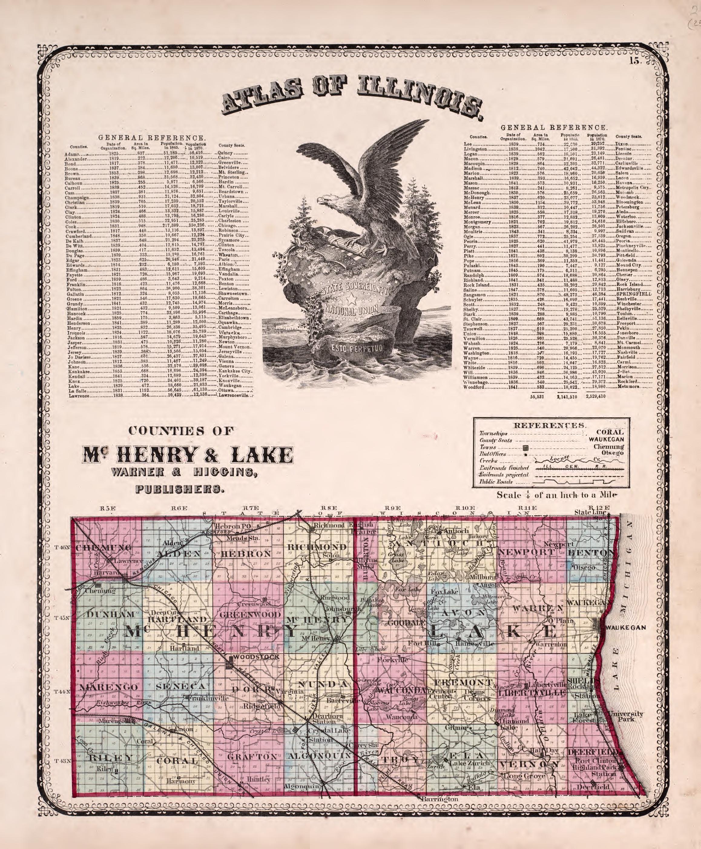 General Reference; Counties of McHenry and Lake from Atlas of Kendall County and the State of Illinois : to Which Is Added an Atlas of the United States, Maps of the Hemispheres &amp;c. &amp;c. &amp;c 1870 by Relic Map Company