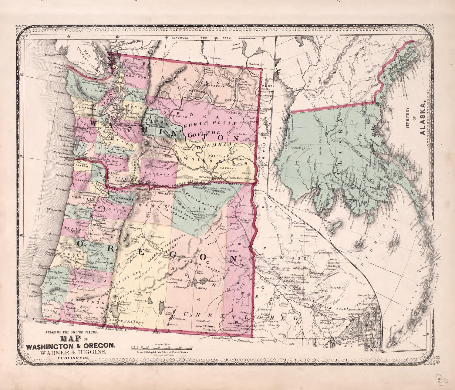 Washington &amp; Oregon; Alaska from Atlas of Kendall County and the State of Illinois : to Which Is Added an Atlas of the United States, Maps of the Hemispheres &amp;c. &amp;c. &amp;c 1870 by Relic Map Company