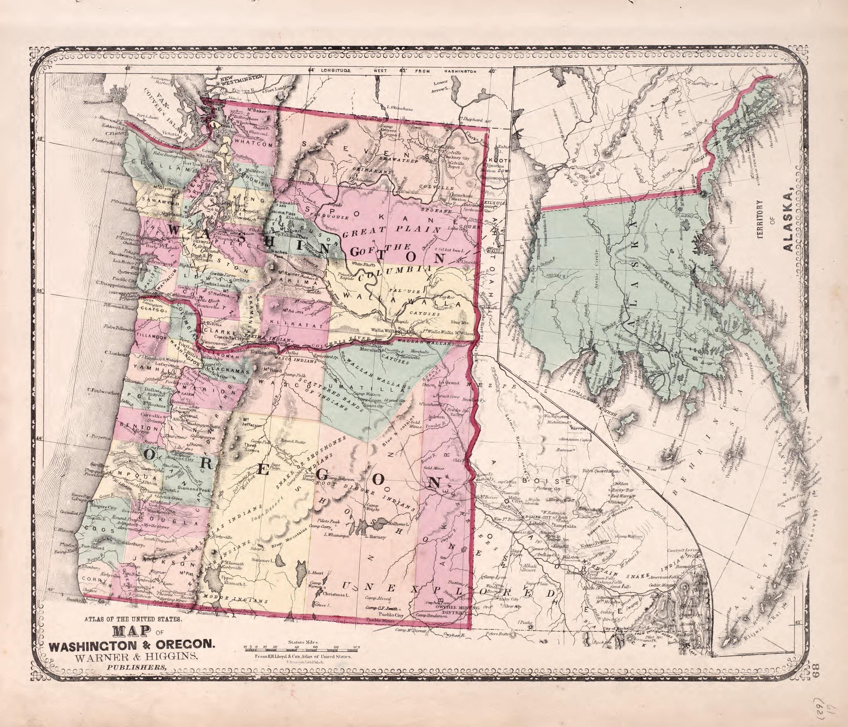 Washington &amp; Oregon; Alaska from Atlas of Kendall County and the State of Illinois : to Which Is Added an Atlas of the United States, Maps of the Hemispheres &amp;c. &amp;c. &amp;c 1870 by Relic Map Company
