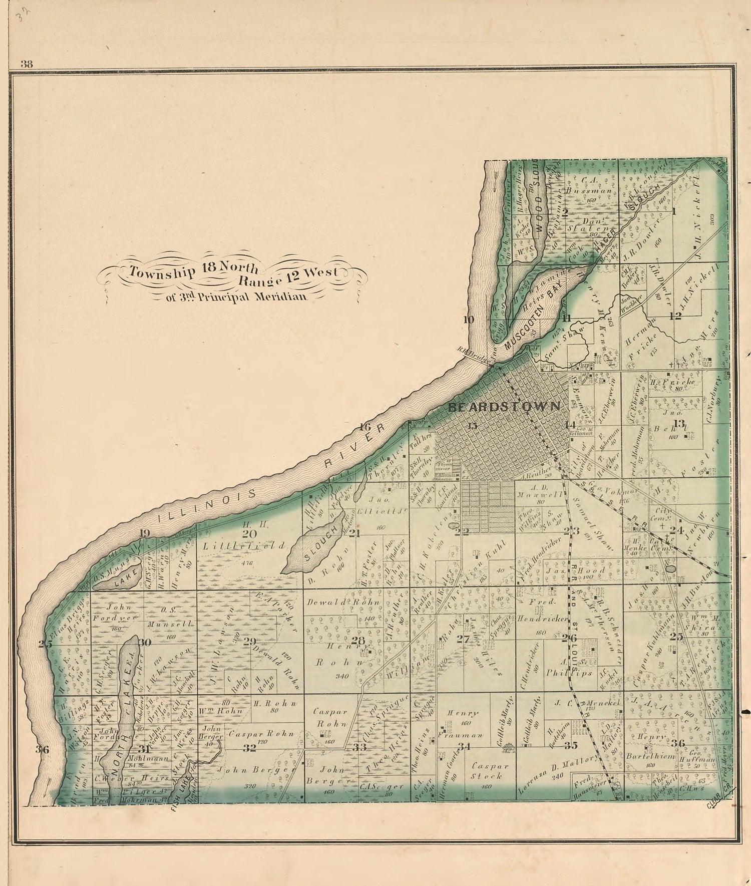 Township 18 North Range 12 West from Illustrated Atlas Map of Cass County, Illinois : Carefully Compiled from Personal Examinations and Surveys 1874 by Relic Map Company