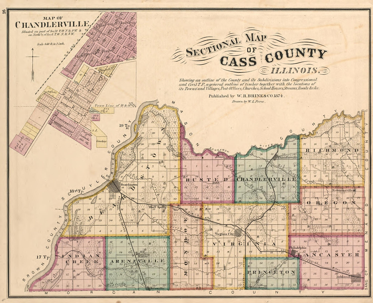 Sectional Map of Cass County, Illinois from Illustrated Atlas Map of Cass County, Illinois : Carefully Compiled from Personal Examinations and Surveys 1874 by Relic Map Company