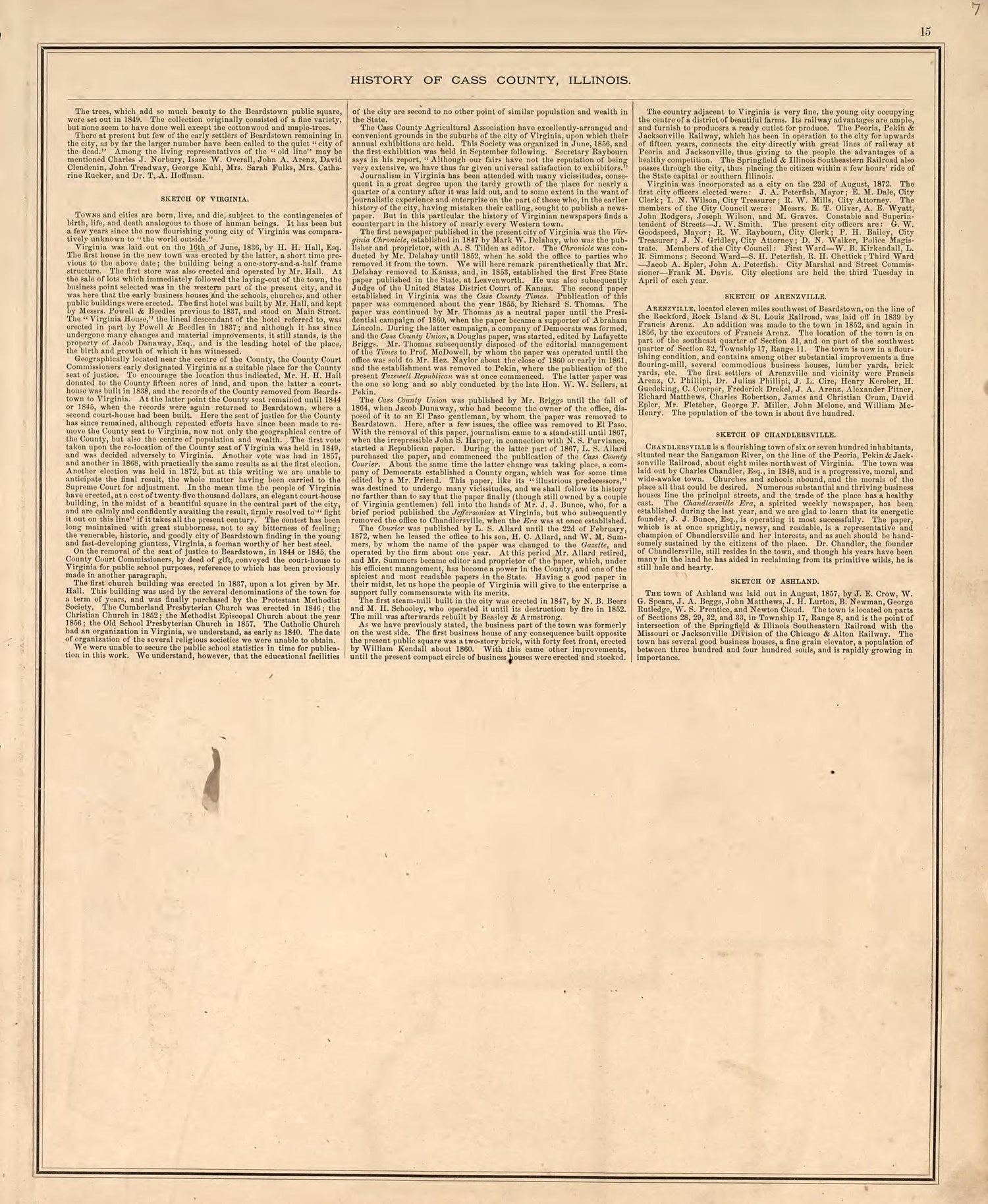 History of Cass County, Illinois, Cont. from Illustrated Atlas Map of Cass County, Illinois : Carefully Compiled from Personal Examinations and Surveys 1874 by Relic Map Company