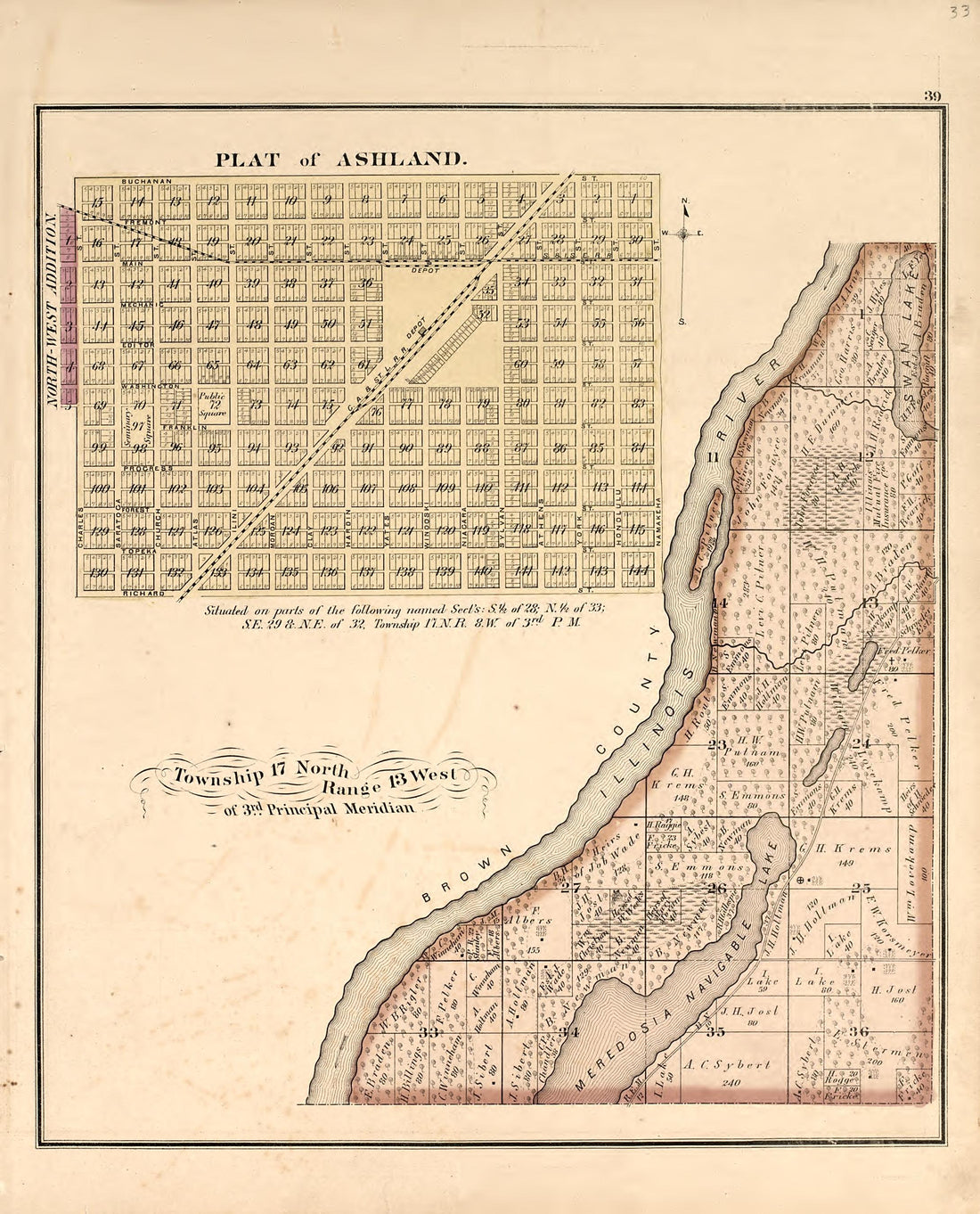 Plat of Ashland from Illustrated Atlas Map of Cass County, Illinois : Carefully Compiled from Personal Examinations and Surveys 1874 by Relic Map Company