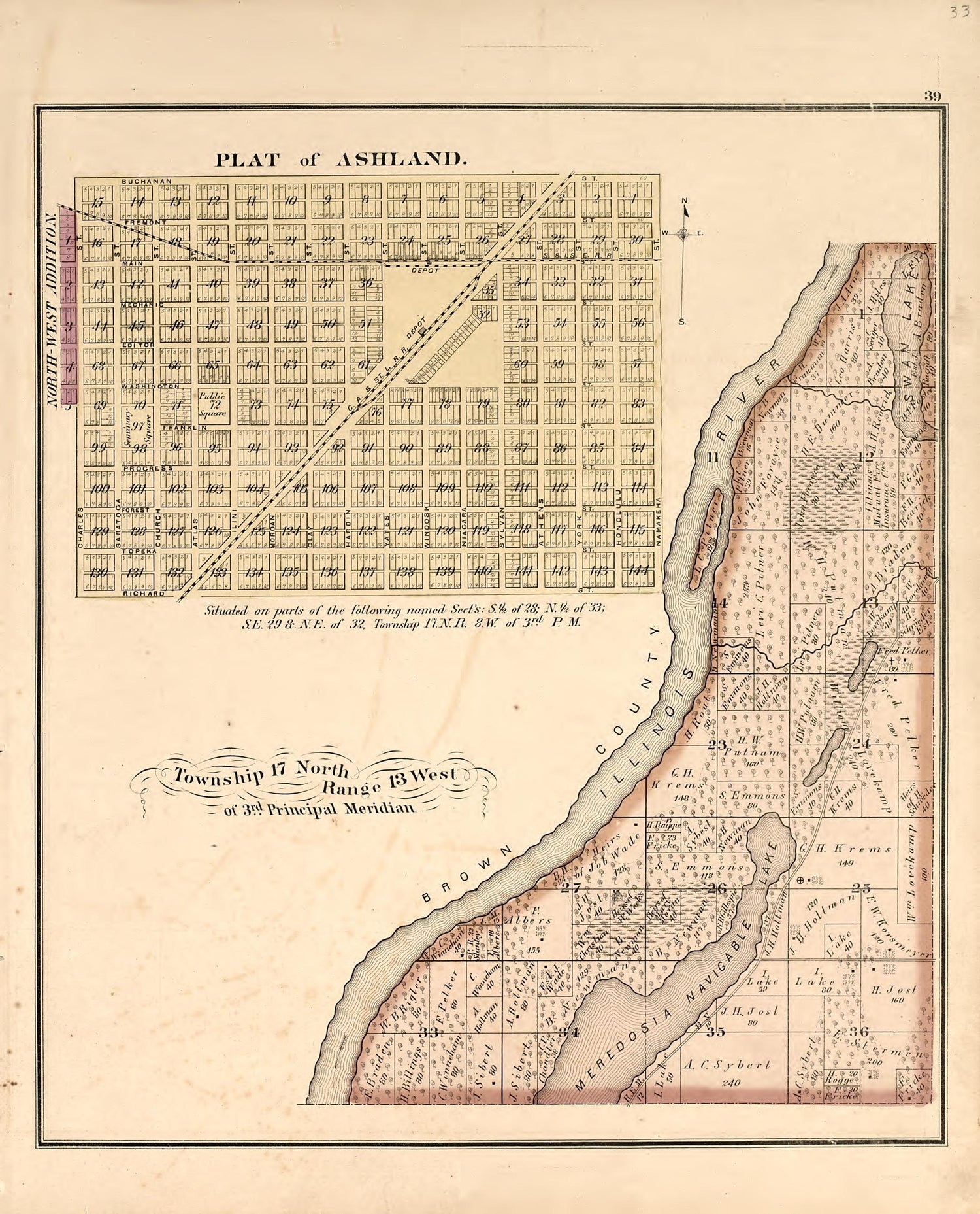 Plat of Ashland from Illustrated Atlas Map of Cass County, Illinois : Carefully Compiled from Personal Examinations and Surveys 1874 by Relic Map Company