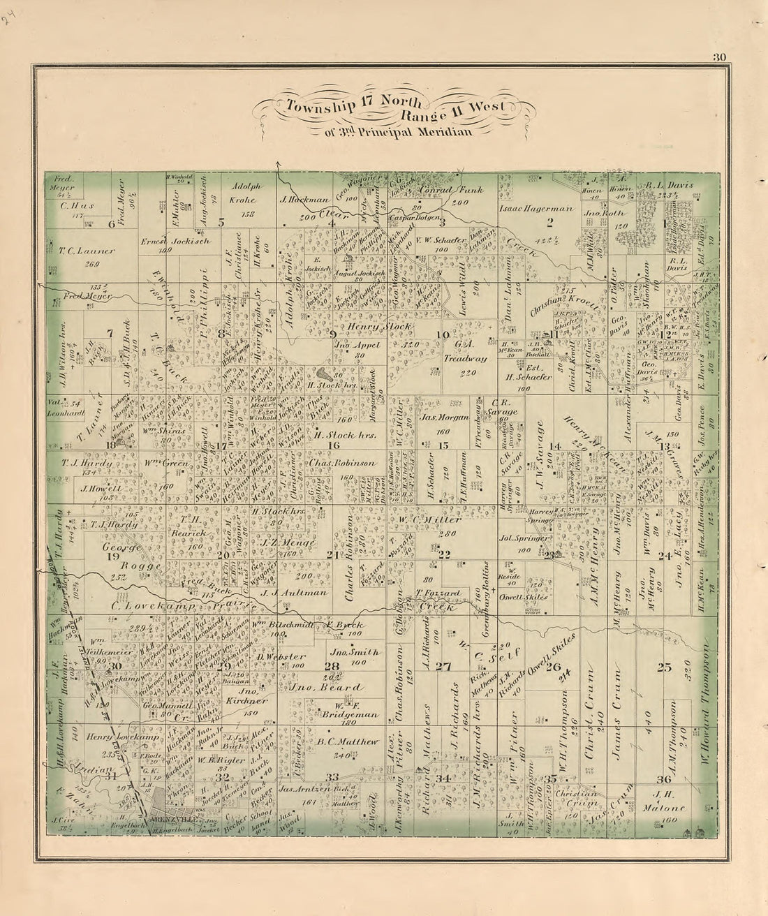 Township 17 North Range 11 West from Illustrated Atlas Map of Cass County, Illinois : Carefully Compiled from Personal Examinations and Surveys 1874 by Relic Map Company