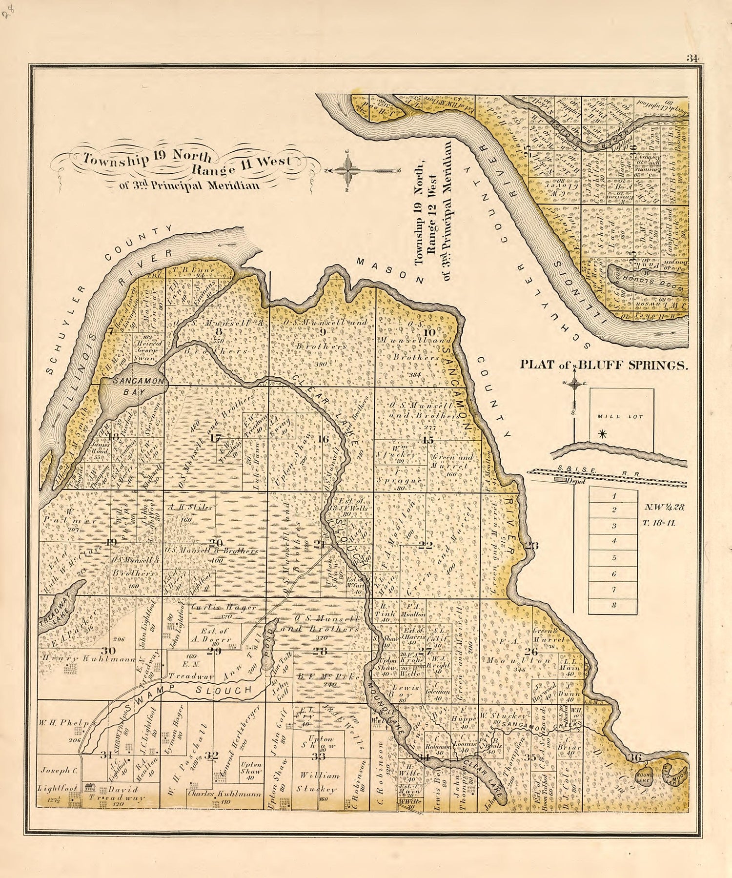 Township 19 North Range 11 West from Illustrated Atlas Map of Cass County, Illinois : Carefully Compiled from Personal Examinations and Surveys 1874 by Relic Map Company