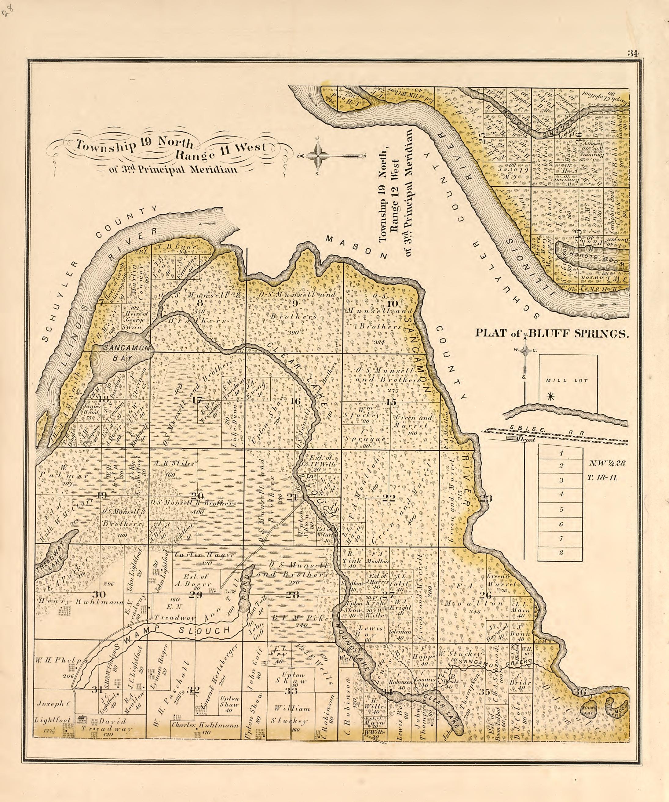 Township 19 North Range 11 West from Illustrated Atlas Map of Cass County, Illinois : Carefully Compiled from Personal Examinations and Surveys 1874 by Relic Map Company