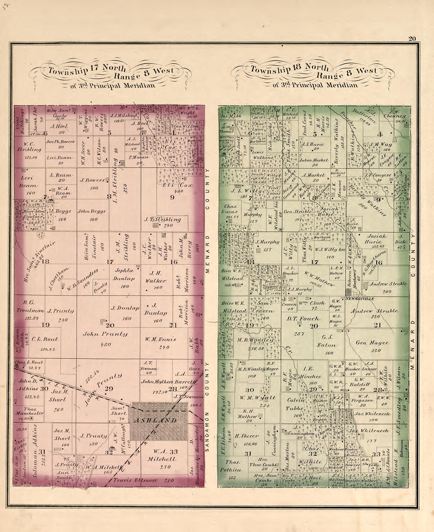 Township 17 North Range 8 West; Township 18 North Range 8 West from Illustrated Atlas Map of Cass County, Illinois : Carefully Compiled from Personal Examinations and Surveys 1874 by Relic Map Company
