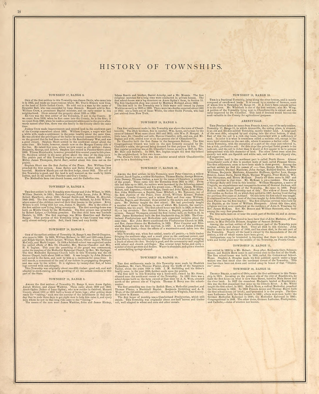 History of Townships from Illustrated Atlas Map of Cass County, Illinois : Carefully Compiled from Personal Examinations and Surveys 1874 by Relic Map Company