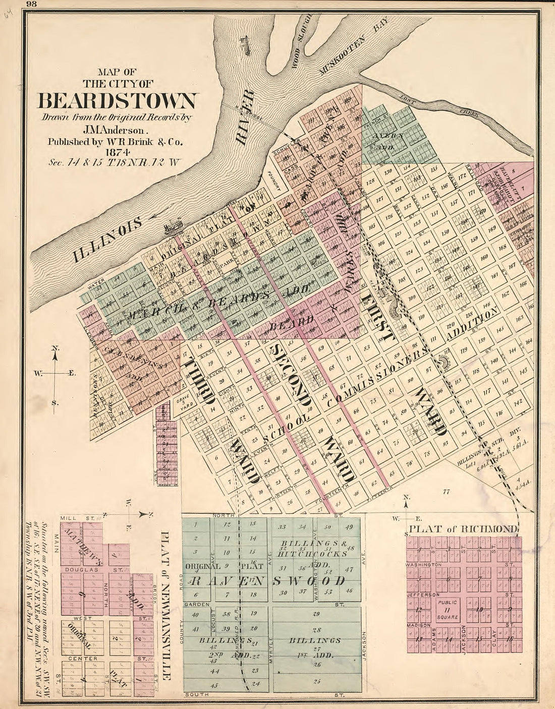 Map of the City of Beardstown from Illustrated Atlas Map of Cass County, Illinois : Carefully Compiled from Personal Examinations and Surveys 1874 by Relic Map Company