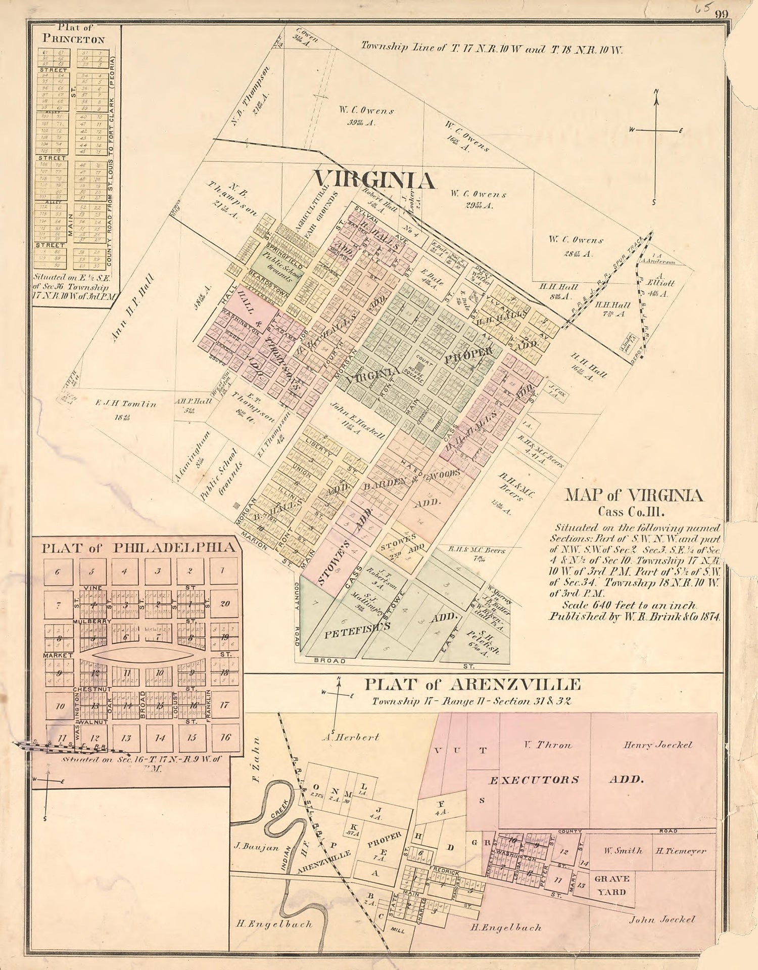 Township Line of T. 17 N.R. 10 W. and T. 18 N.R. 18 W. from Illustrated Atlas Map of Cass County, Illinois : Carefully Compiled from Personal Examinations and Surveys 1874 by Relic Map Company