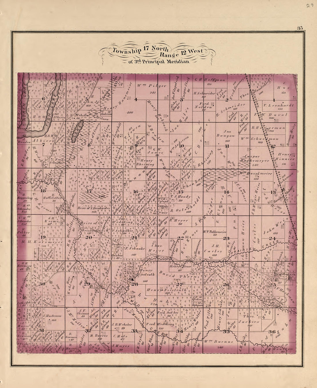 Township 17 North Range 12 West from Illustrated Atlas Map of Cass County, Illinois : Carefully Compiled from Personal Examinations and Surveys 1874 by Relic Map Company