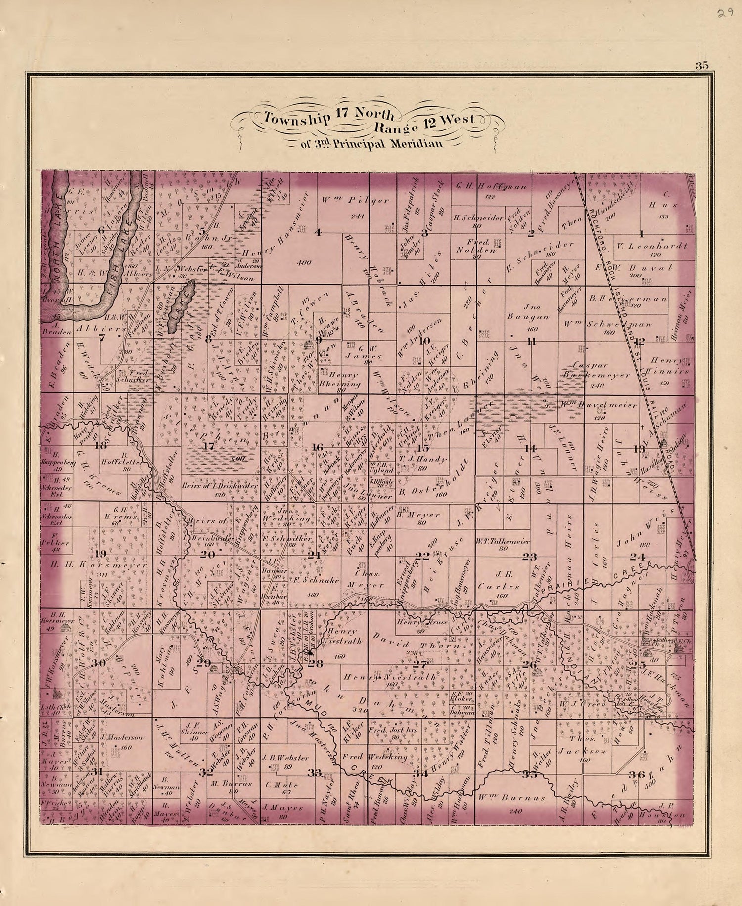 Township 17 North Range 12 West from Illustrated Atlas Map of Cass County, Illinois : Carefully Compiled from Personal Examinations and Surveys 1874 by Relic Map Company