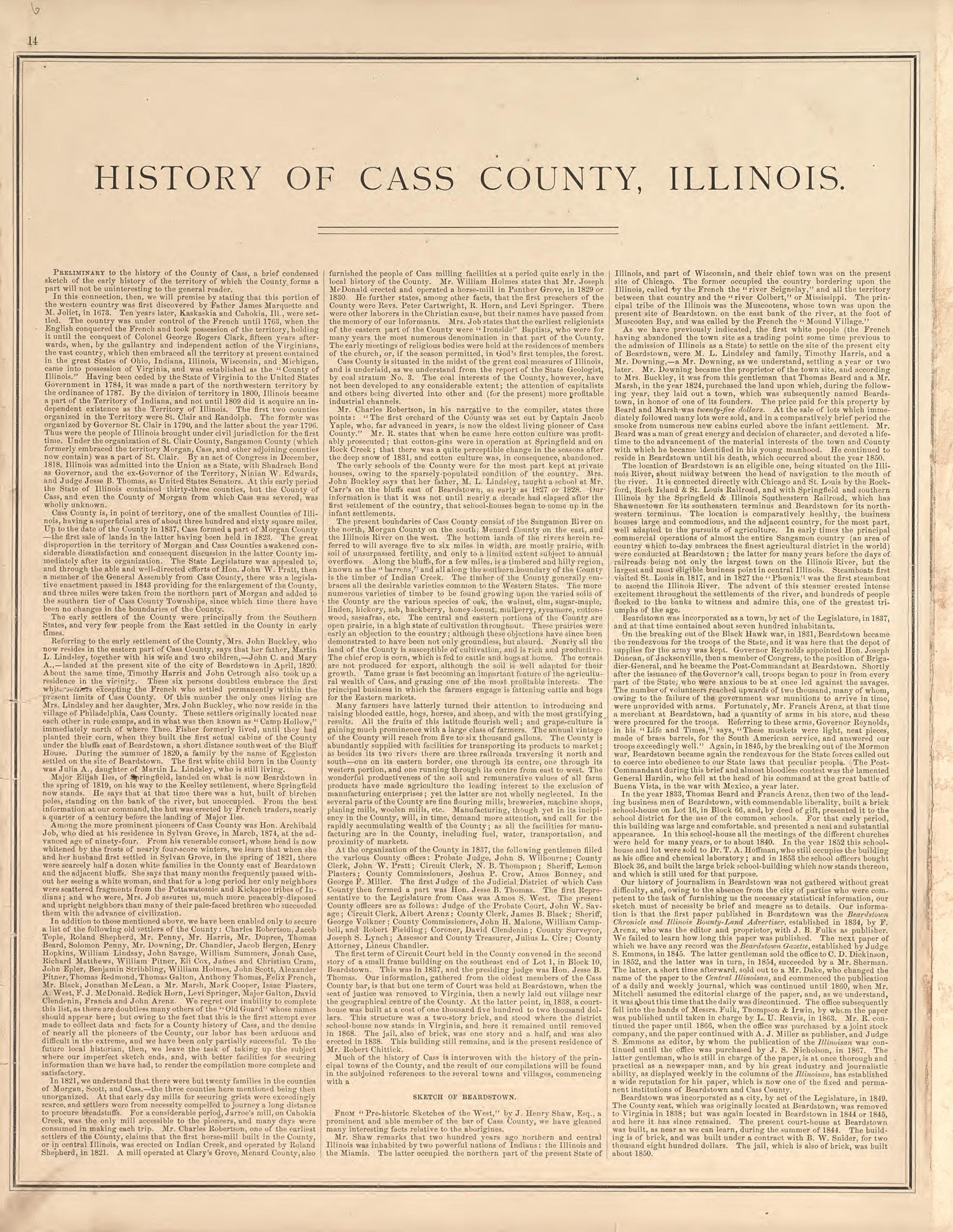 History of Cass County, Illinois from Illustrated Atlas Map of Cass County, Illinois : Carefully Compiled from Personal Examinations and Surveys 1874 by Relic Map Company