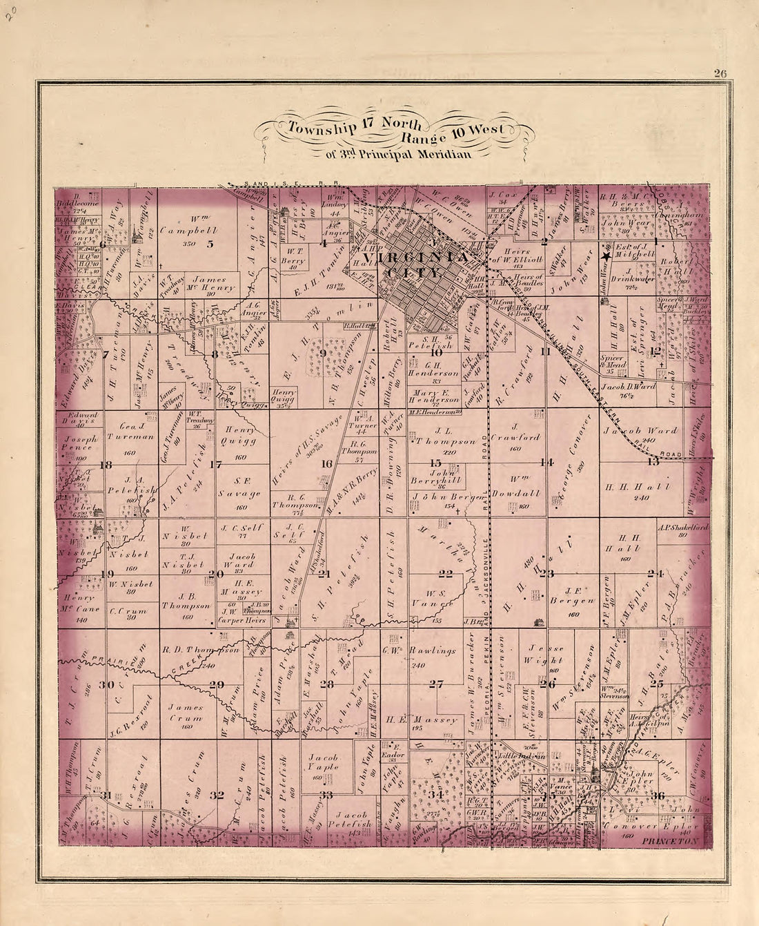 Township 17 North 10 West from Illustrated Atlas Map of Cass County, Illinois : Carefully Compiled from Personal Examinations and Surveys 1874 by Relic Map Company