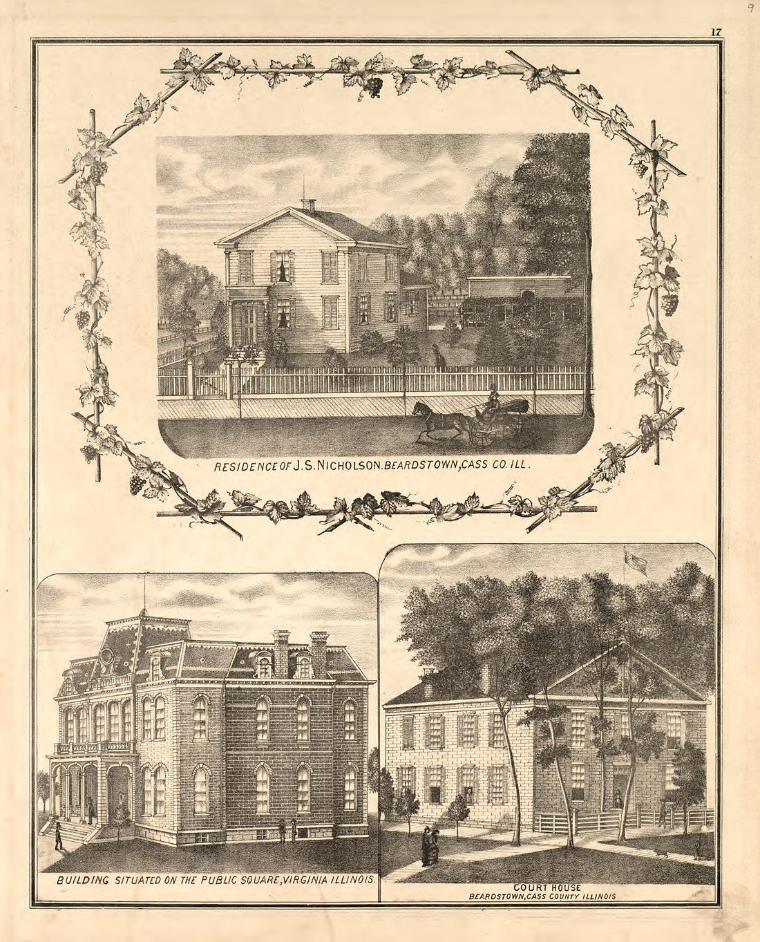 Views - 3 from Illustrated Atlas Map of Cass County, Illinois : Carefully Compiled from Personal Examinations and Surveys 1874 by Relic Map Company