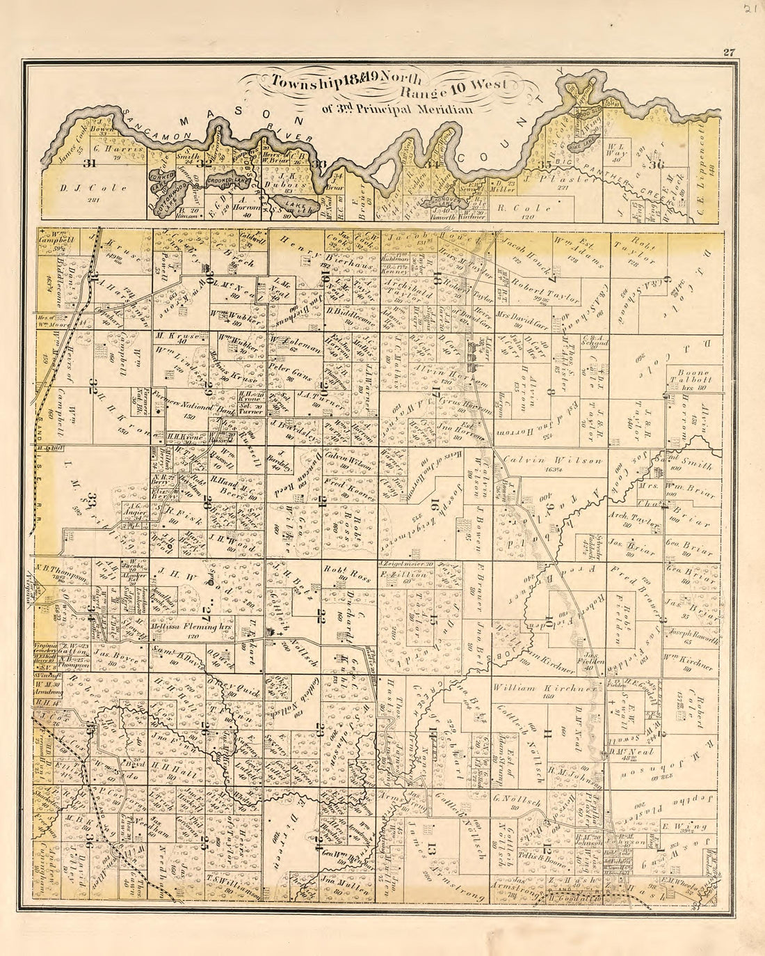 Township 18 &amp; 19 North Range 10 West from Illustrated Atlas Map of Cass County, Illinois : Carefully Compiled from Personal Examinations and Surveys 1874 by Relic Map Company