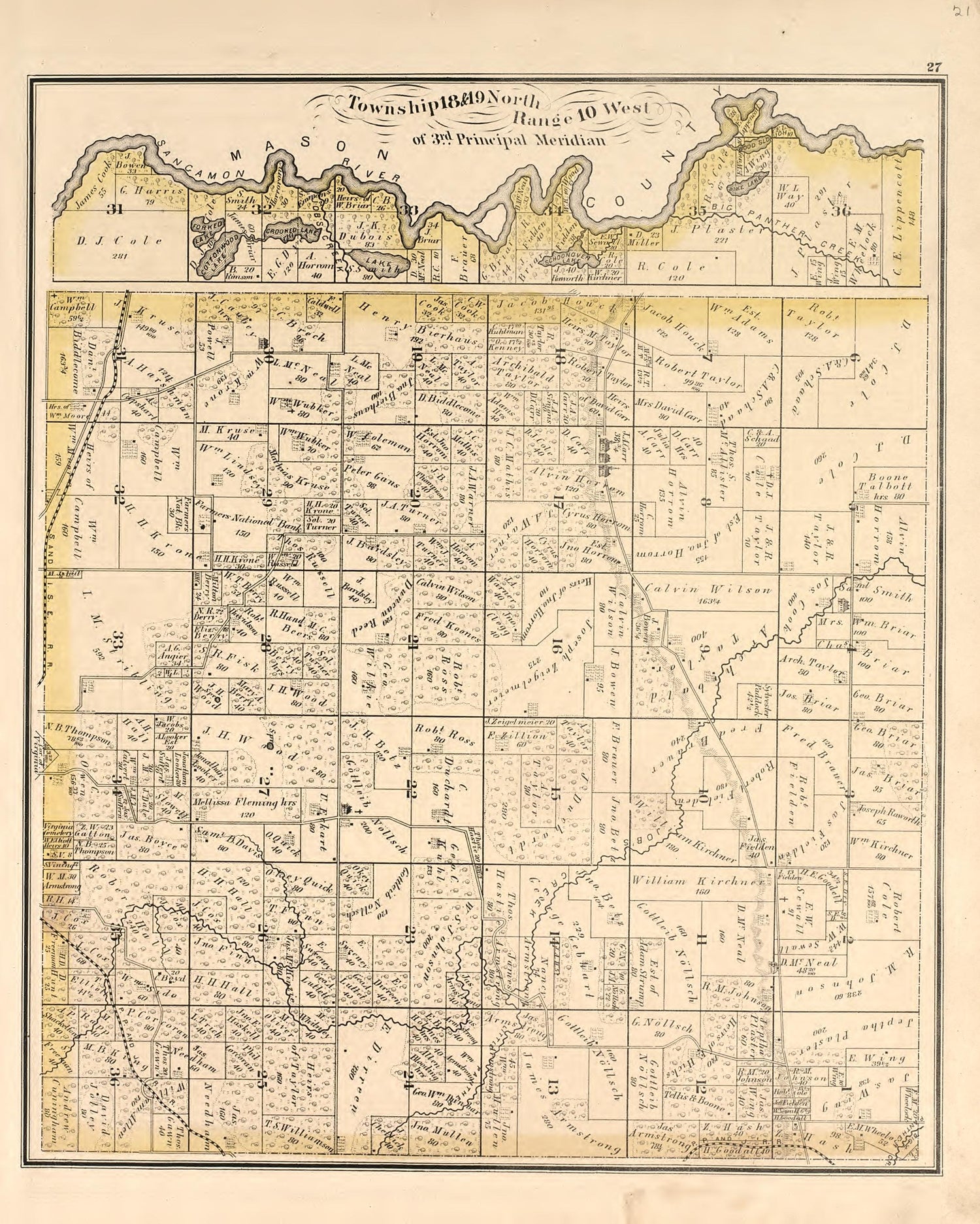 Township 18 &amp; 19 North Range 10 West from Illustrated Atlas Map of Cass County, Illinois : Carefully Compiled from Personal Examinations and Surveys 1874 by Relic Map Company