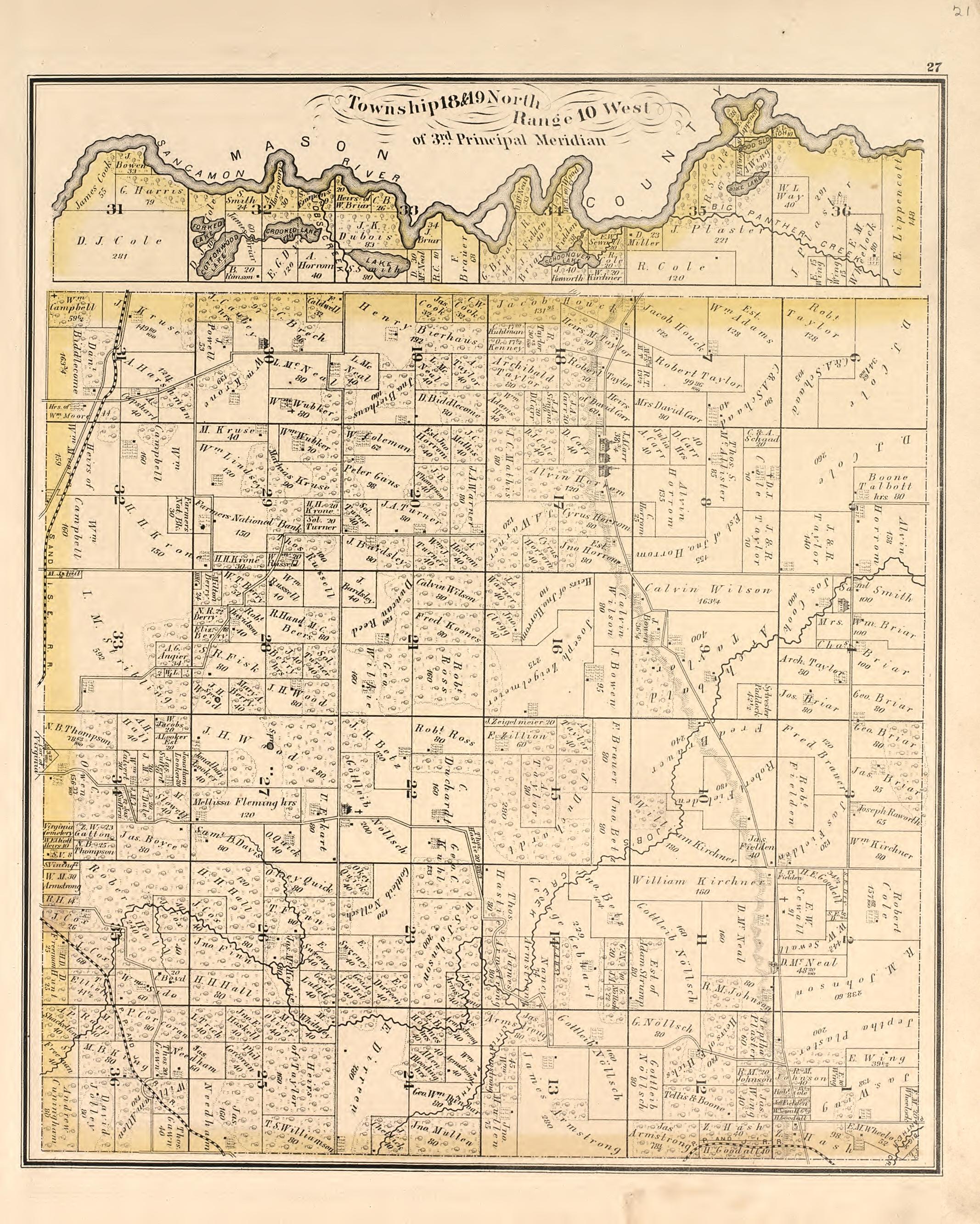 Township 18 &amp; 19 North Range 10 West from Illustrated Atlas Map of Cass County, Illinois : Carefully Compiled from Personal Examinations and Surveys 1874 by Relic Map Company