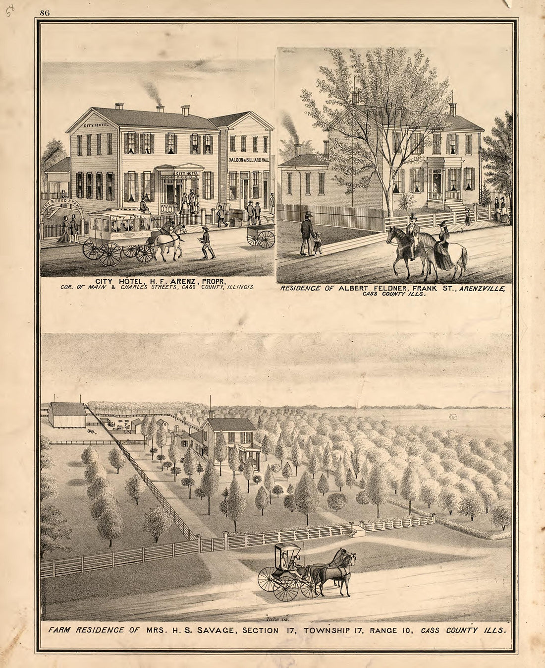 Views - 3 from Illustrated Atlas Map of Cass County, Illinois : Carefully Compiled from Personal Examinations and Surveys 1874 by Relic Map Company