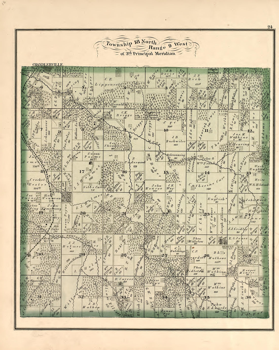 Township 18 North Range 9 West from Illustrated Atlas Map of Cass County, Illinois : Carefully Compiled from Personal Examinations and Surveys 1874 by Relic Map Company