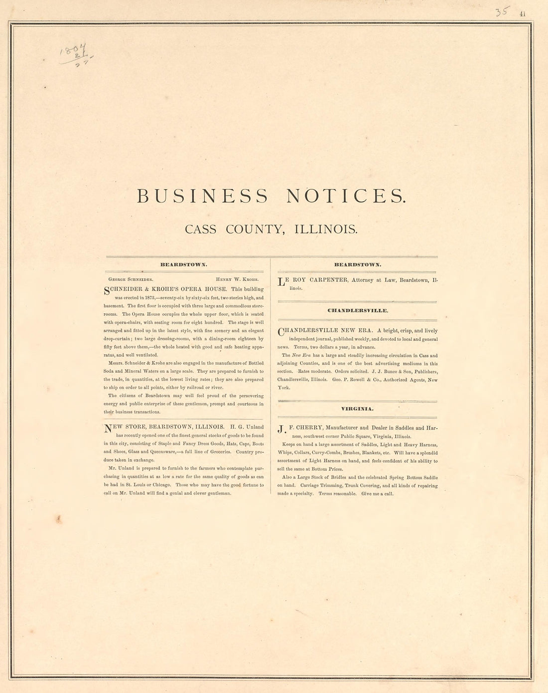 Business Notices, Cass County, Illinois from Illustrated Atlas Map of Cass County, Illinois : Carefully Compiled from Personal Examinations and Surveys 1874 by Relic Map Company