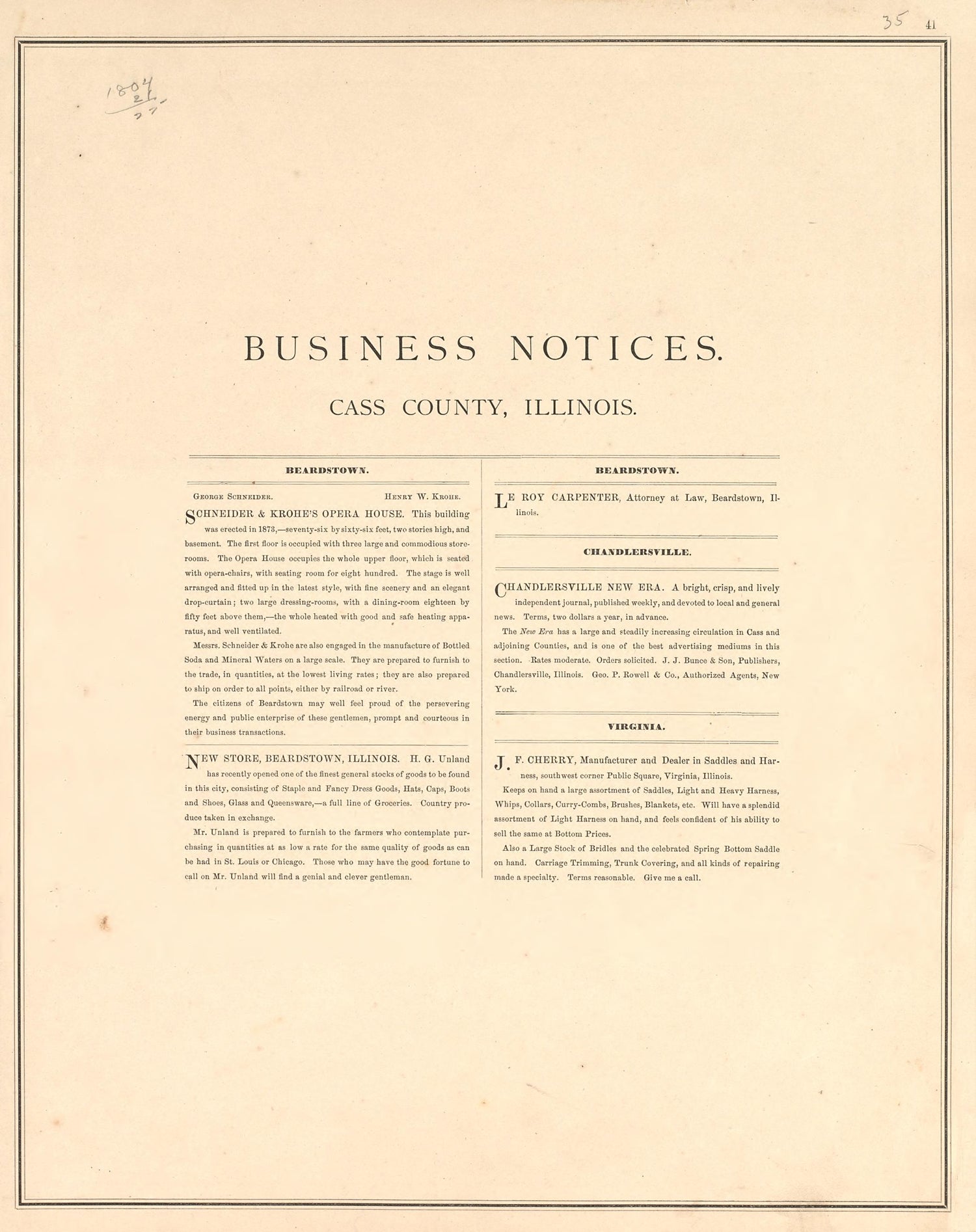 Business Notices, Cass County, Illinois from Illustrated Atlas Map of Cass County, Illinois : Carefully Compiled from Personal Examinations and Surveys 1874 by Relic Map Company