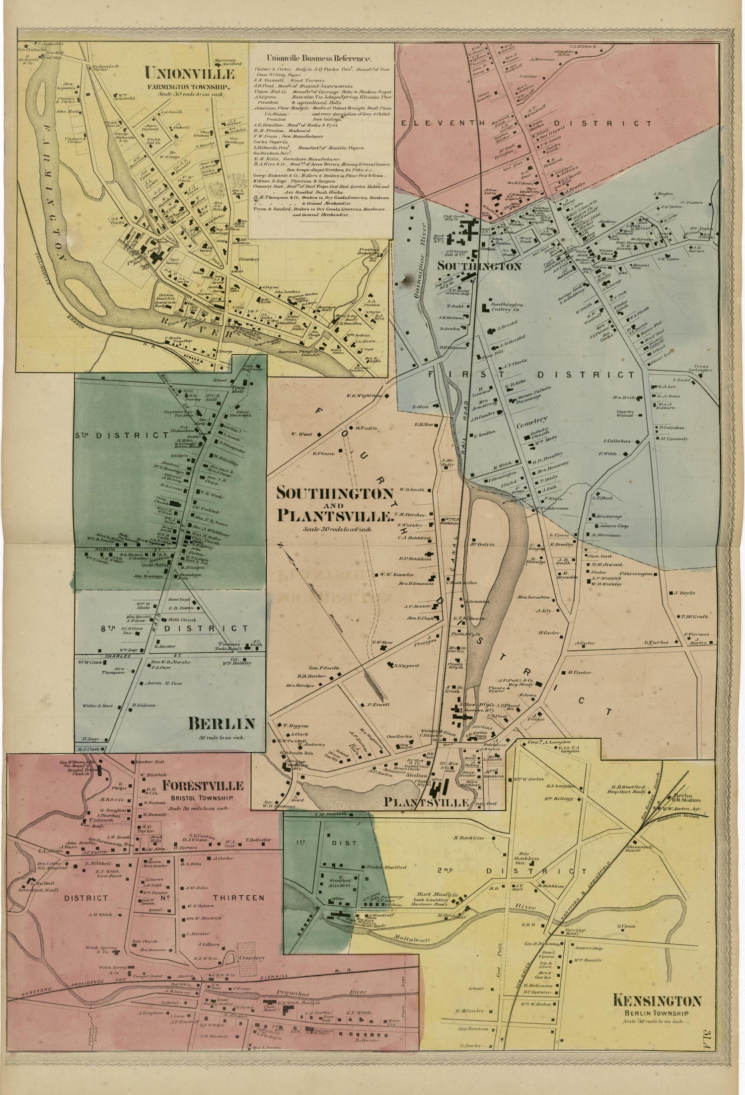 Unionville; Southington and Plantsville; Berlin; Forestville; Kensington from Atlas of Hartford and Tolland Counties : With a Map of Connecticut, from Actual Surveys 1869 by Relic Map Company