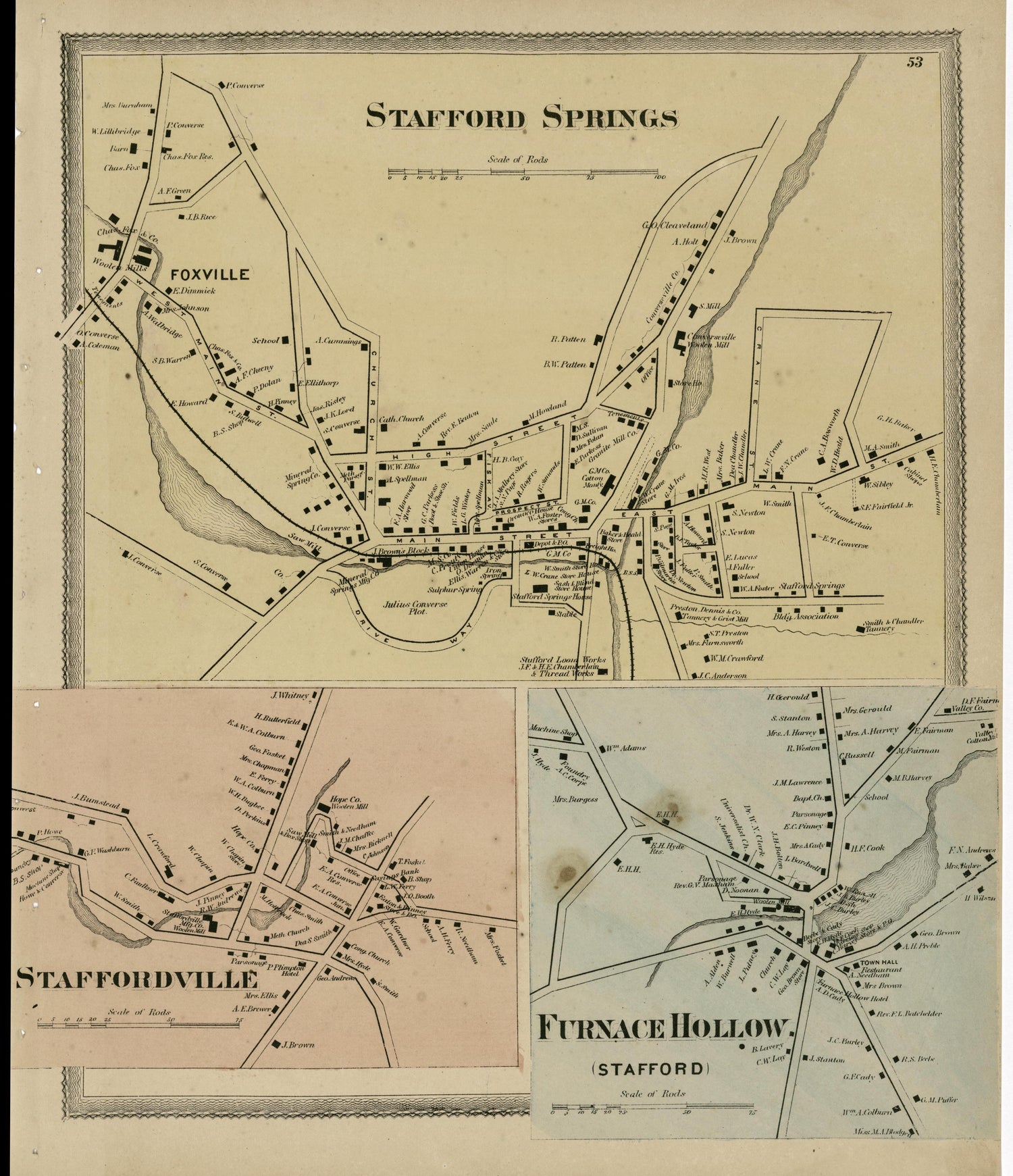 Stafford Springs; Staffordville; Furnace Hollow from Atlas of Hartford and Tolland Counties : With a Map of Connecticut, from Actual Surveys 1869 by Relic Map Company