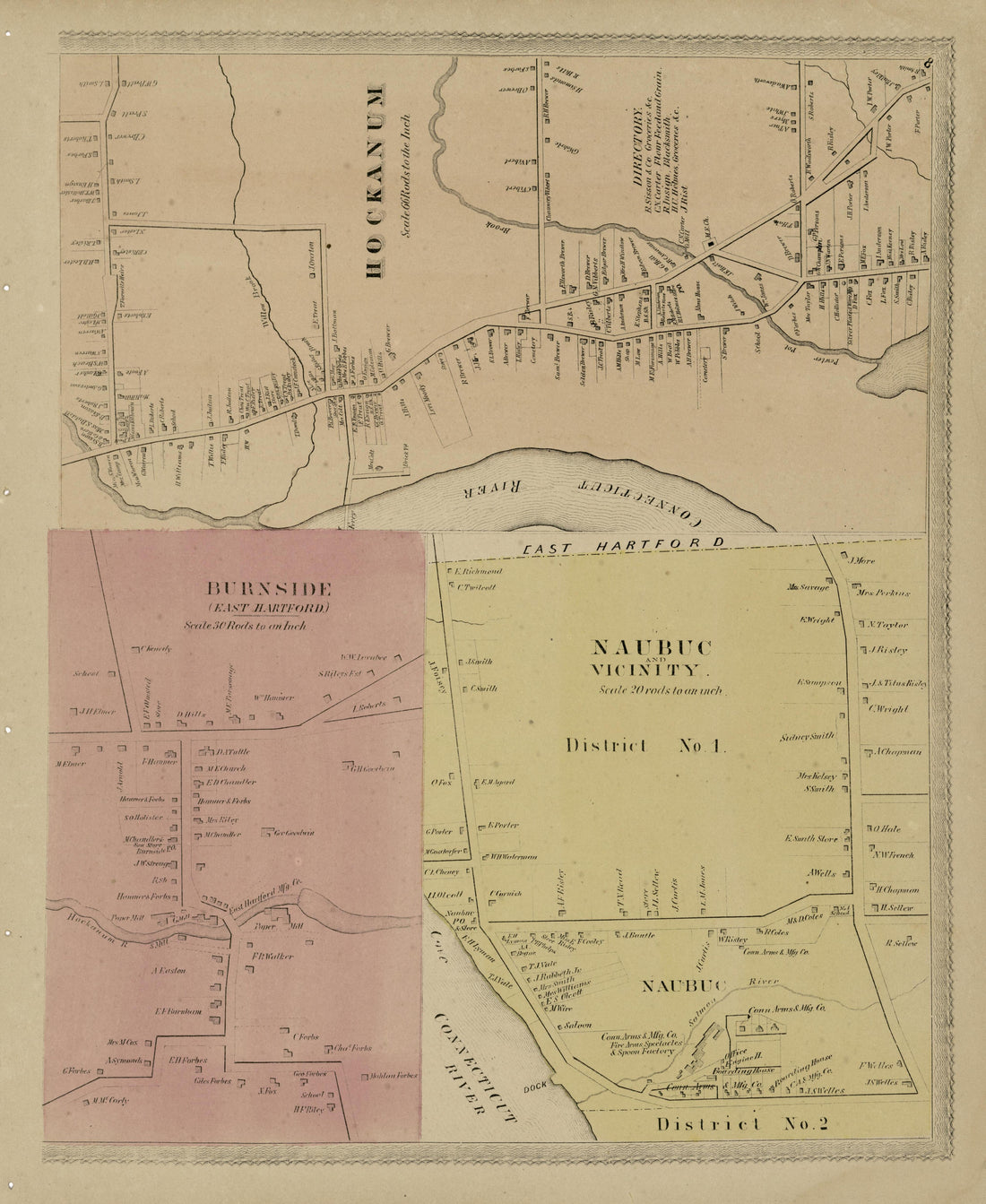 Hockanum; Burnside; Naubuc and Vicinity from Atlas of Hartford and Tolland Counties : With a Map of Connecticut, from Actual Surveys 1869 by Relic Map Company
