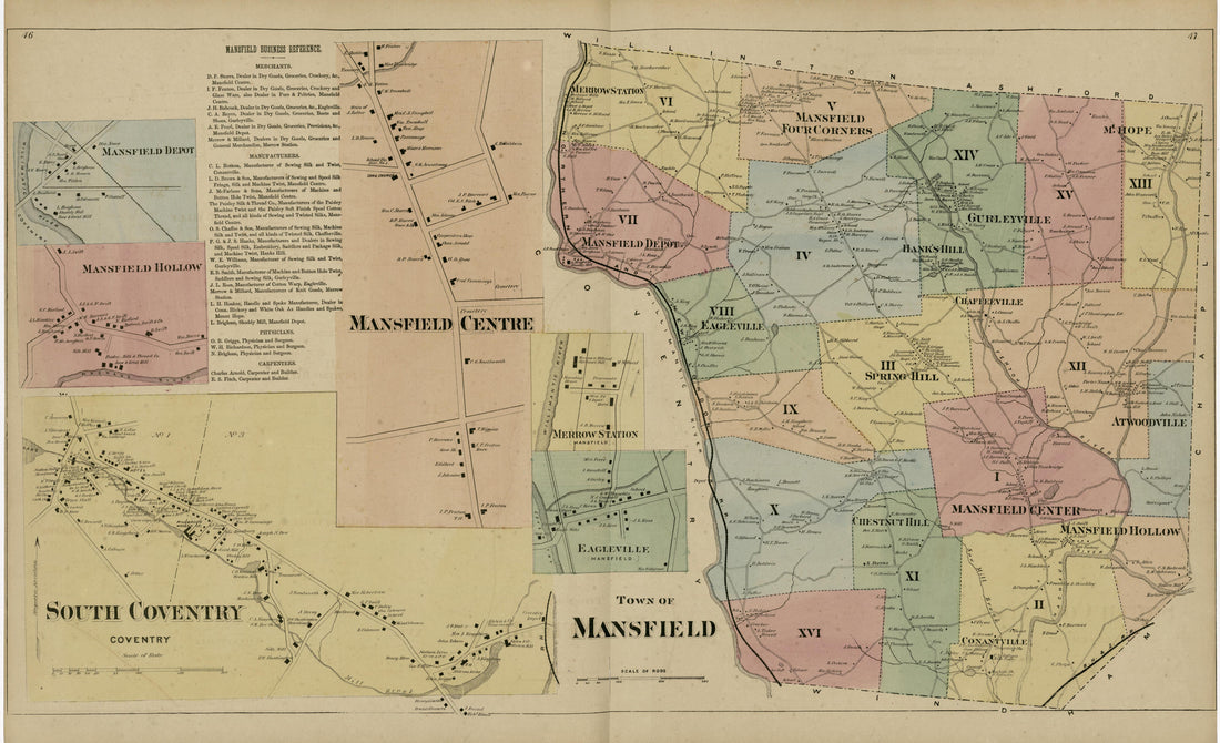 Mansfield Centre; South Coventry; Town of Mansfield from Atlas of Hartford and Tolland Counties : With a Map of Connecticut, from Actual Surveys 1869 by Relic Map Company