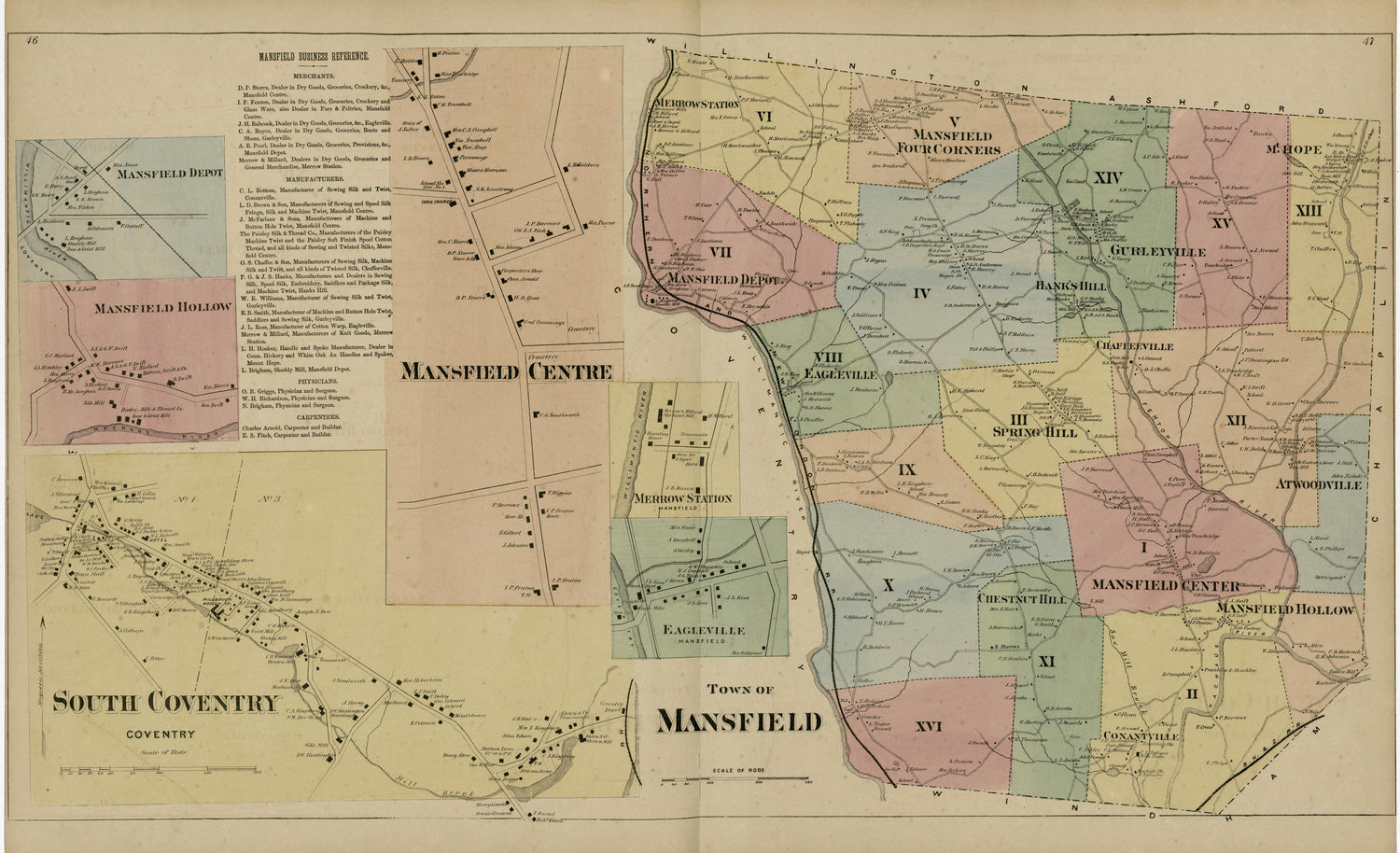 Mansfield Centre; South Coventry; Town of Mansfield from Atlas of Hartford and Tolland Counties : With a Map of Connecticut, from Actual Surveys 1869 by Relic Map Company