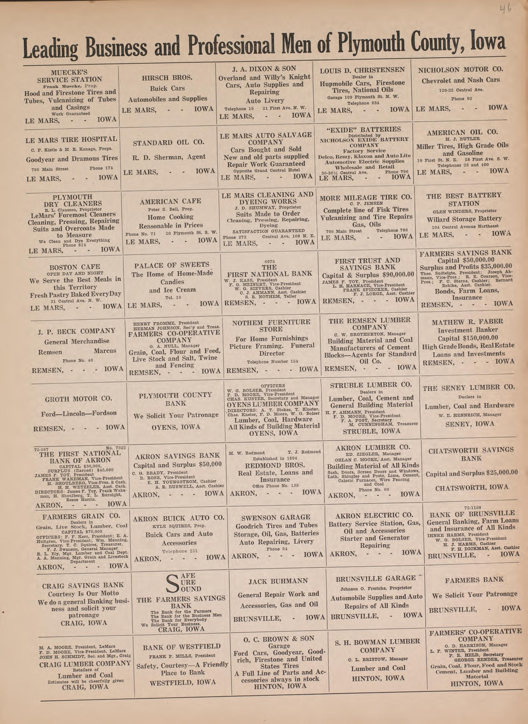 Leading Business and Professional Men of Plymouth County, Iowa--continued from Atlas of Plymouth County, Iowa : Containing Maps of Townships of the County, Maps of State, United States and World : Farmers Directory 1921 by Relic Map Company