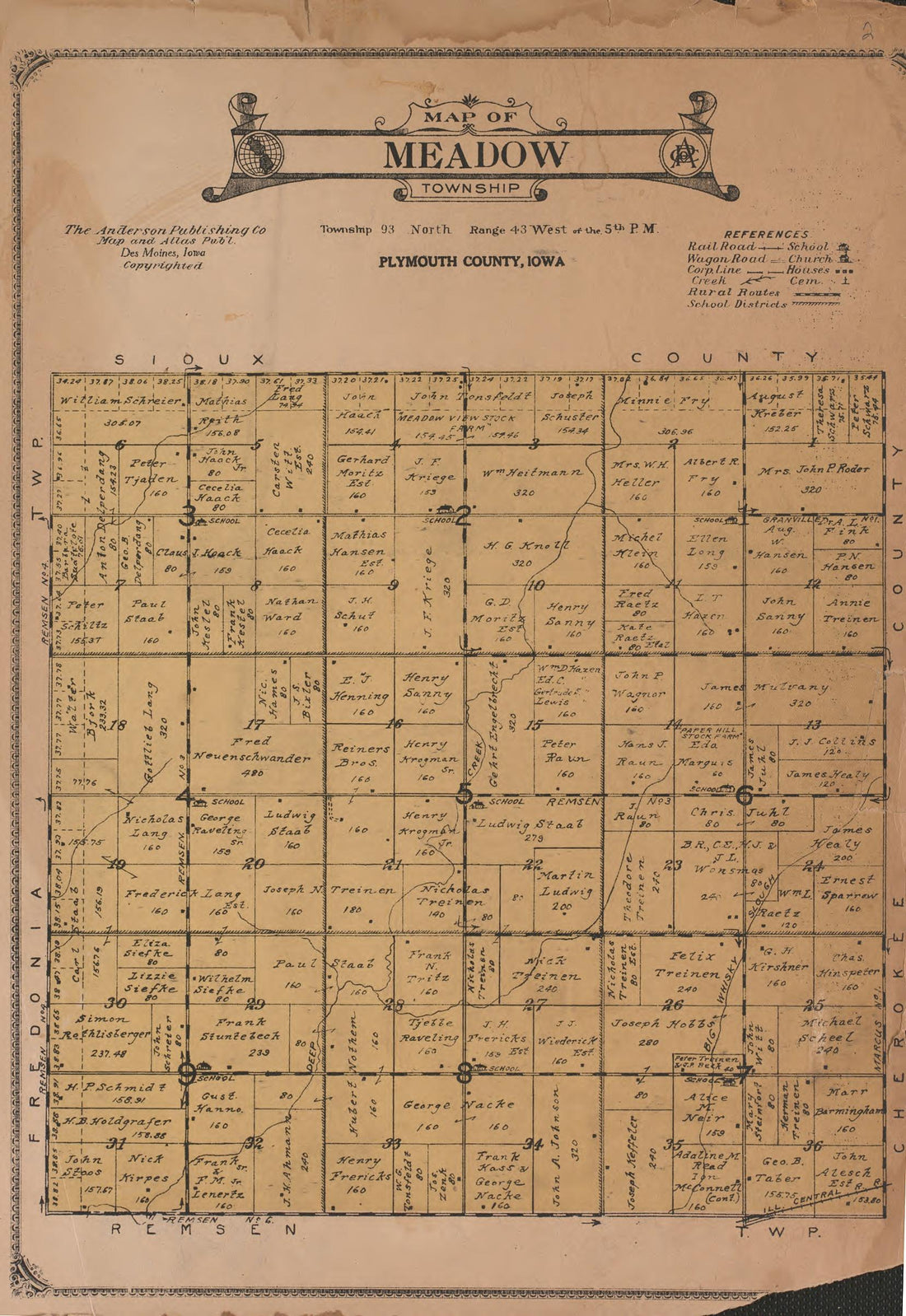 Meadow Township from Atlas of Plymouth County, Iowa : Containing Maps of Townships of the County, Maps of State, United States and World : Farmers Directory 1921 by Relic Map Company
