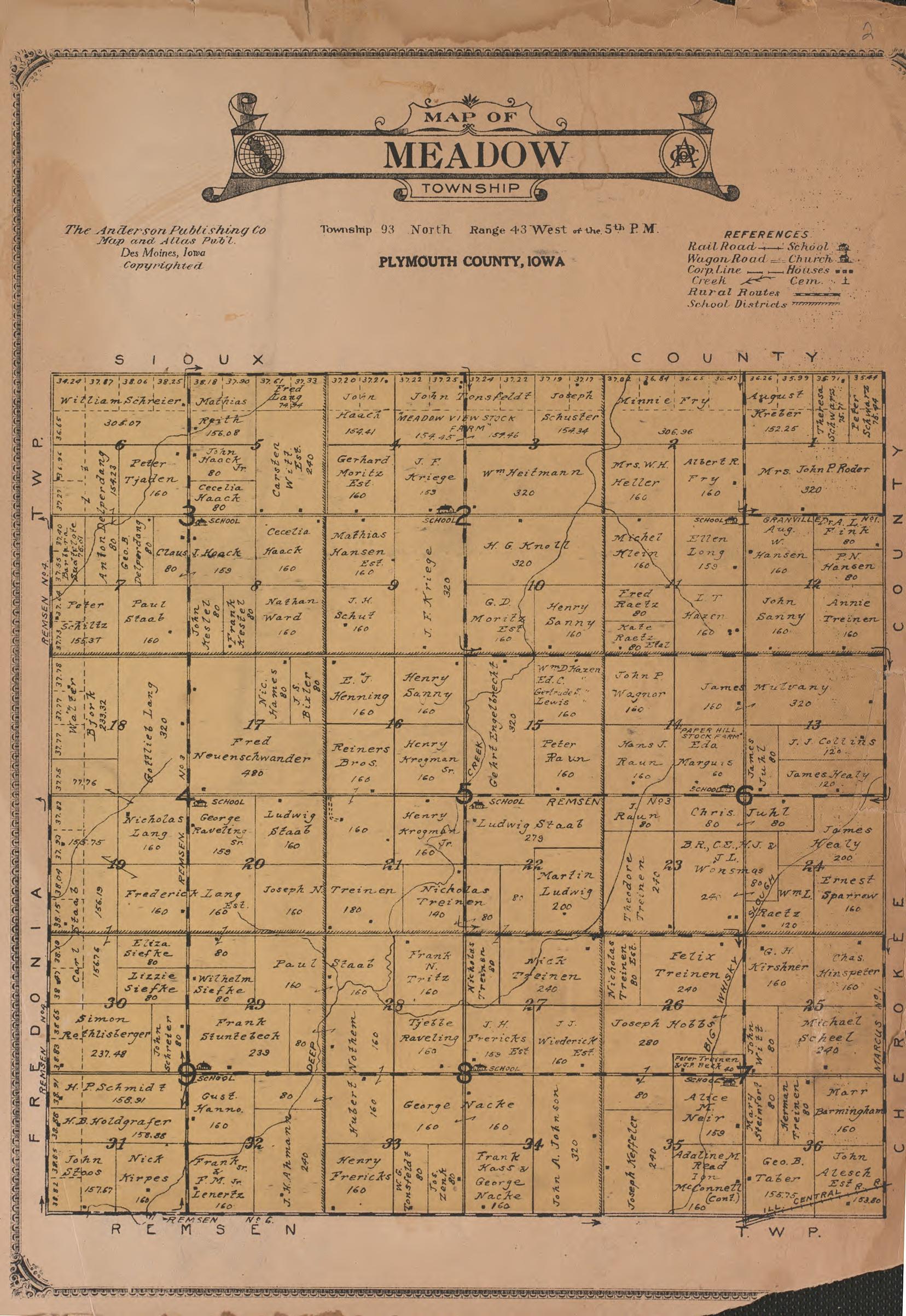 Meadow Township from Atlas of Plymouth County, Iowa : Containing Maps of Townships of the County, Maps of State, United States and World : Farmers Directory 1921 by Relic Map Company