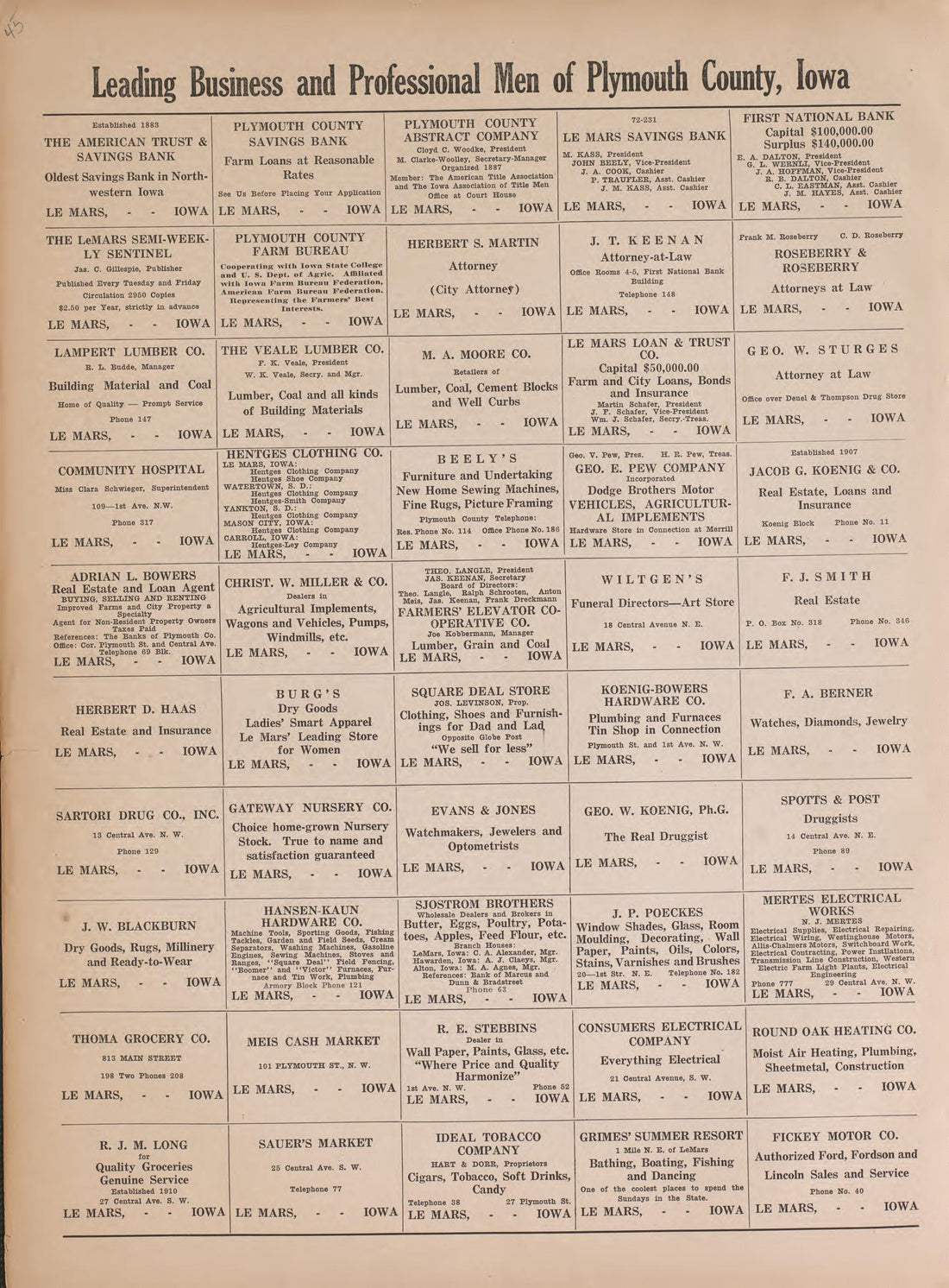 Leading Business and Professional Men of Plymouth County, Iowa from Atlas of Plymouth County, Iowa : Containing Maps of Townships of the County, Maps of State, United States and World : Farmers Directory 1921 by Relic Map Company