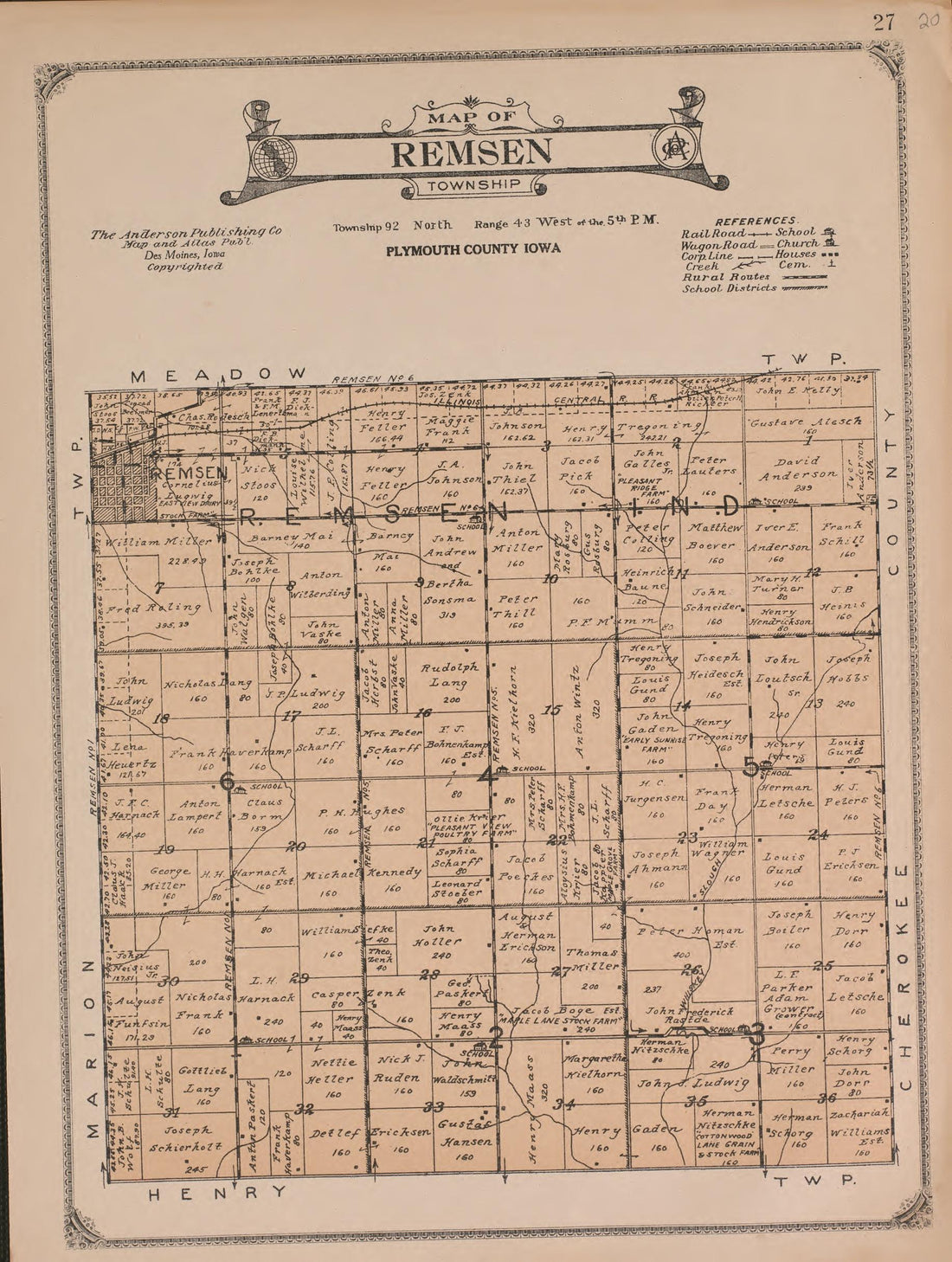 Remsen Township from Atlas of Plymouth County, Iowa : Containing Maps of Townships of the County, Maps of State, United States and World : Farmers Directory 1921 by Relic Map Company