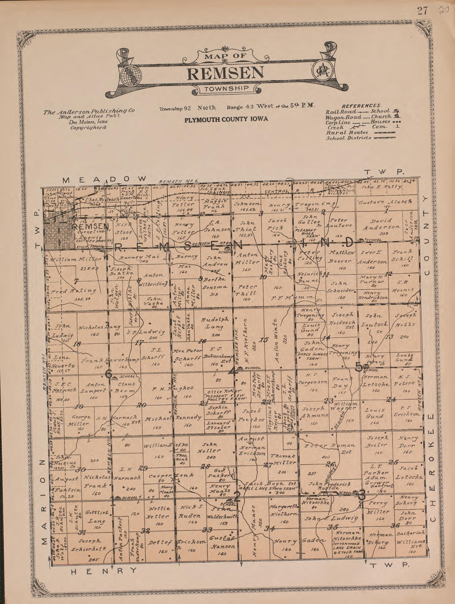 Remsen Township from Atlas of Plymouth County, Iowa : Containing Maps of Townships of the County, Maps of State, United States and World : Farmers Directory 1921 by Relic Map Company