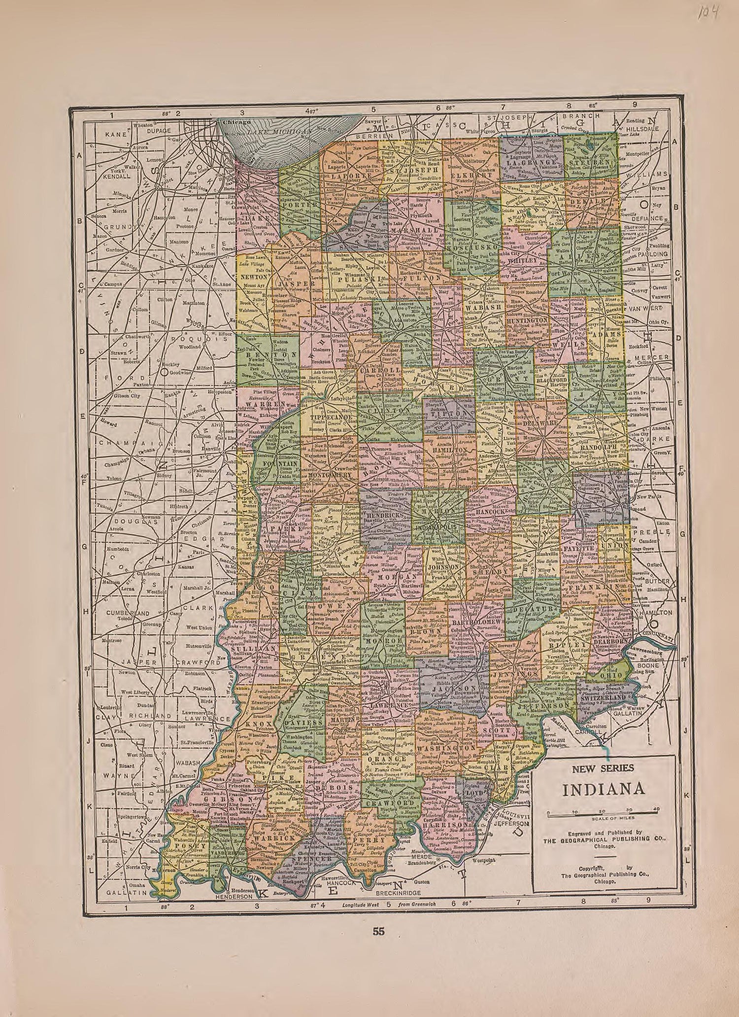 Indiana from Atlas of Plymouth County, Iowa : Containing Maps of Townships of the County, Maps of State, United States and World : Farmers Directory 1921 by Relic Map Company