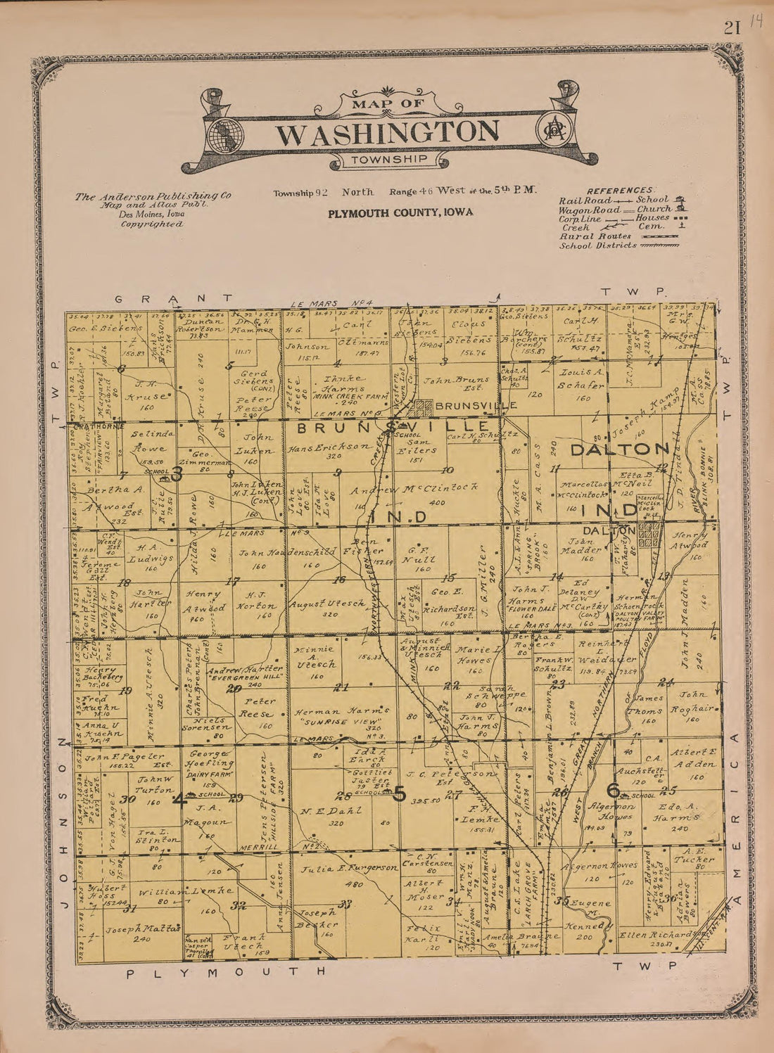 Washington Township from Atlas of Plymouth County, Iowa : Containing Maps of Townships of the County, Maps of State, United States and World : Farmers Directory 1921 by Relic Map Company