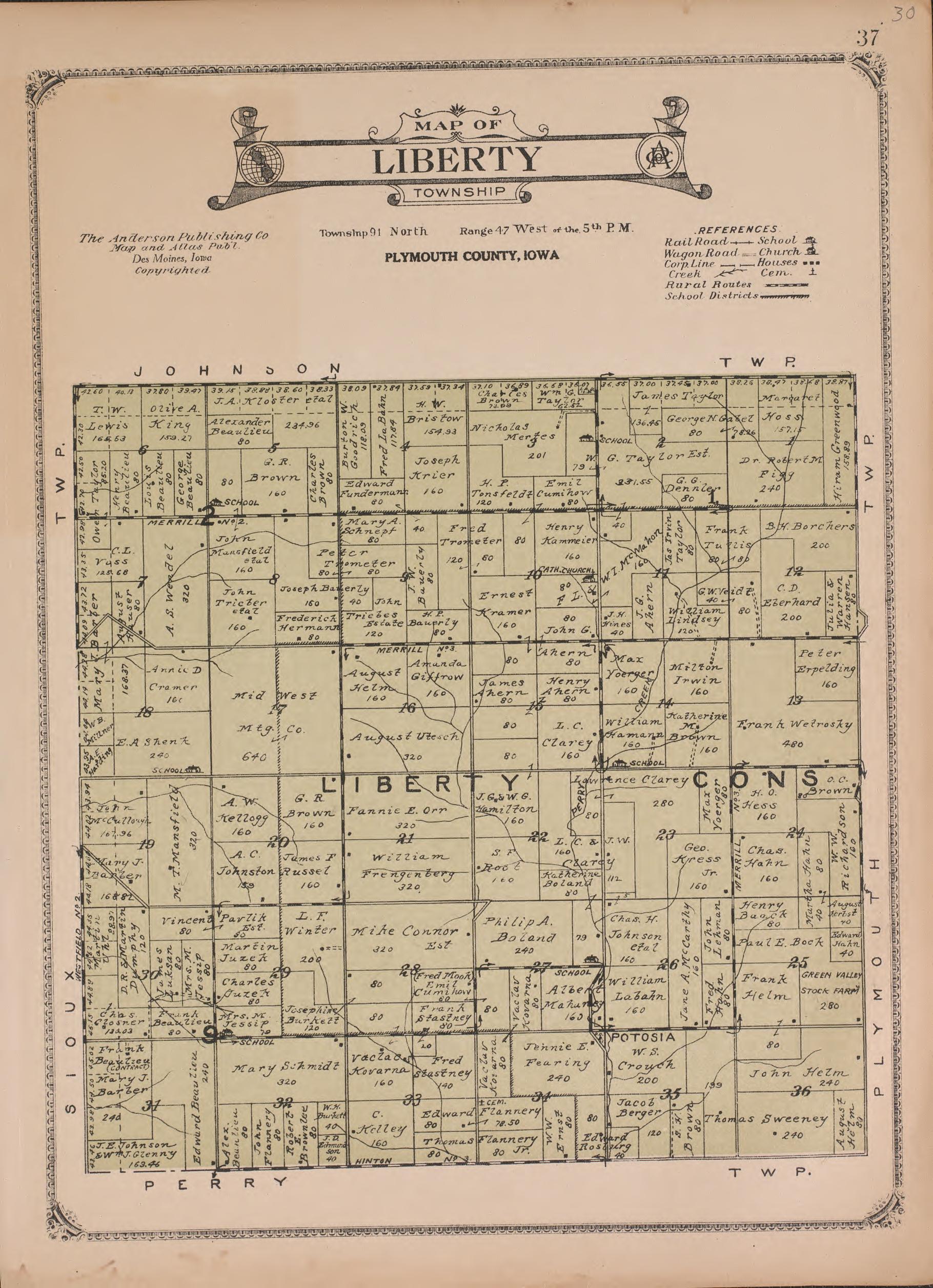 Liberty Township from Atlas of Plymouth County, Iowa : Containing Maps of Townships of the County, Maps of State, United States and World : Farmers Directory 1921 by Relic Map Company