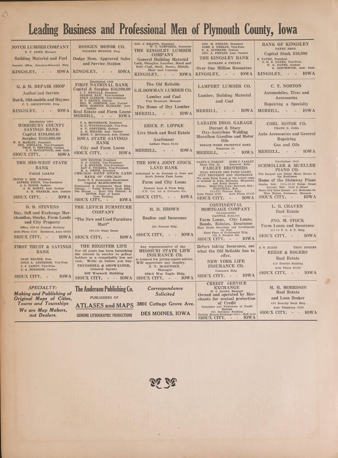 Leading Business and Professional Men of Plymouth County, Iowa--continued from Atlas of Plymouth County, Iowa : Containing Maps of Townships of the County, Maps of State, United States and World : Farmers Directory 1921 by Relic Map Company
