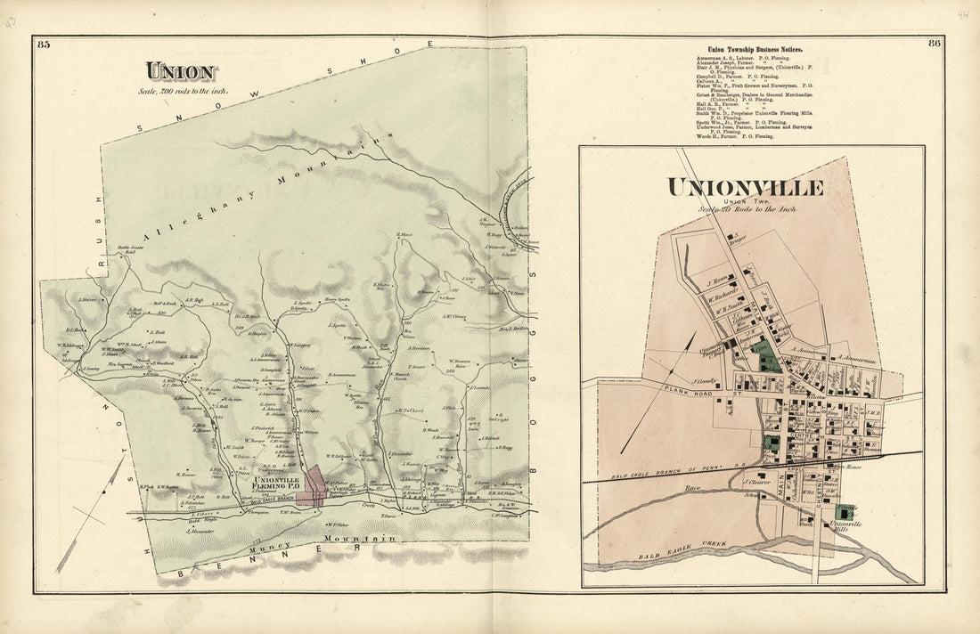 Union; Unionville from Atlas of Centre County, Pennsylvania 1874 by Relic Map Company