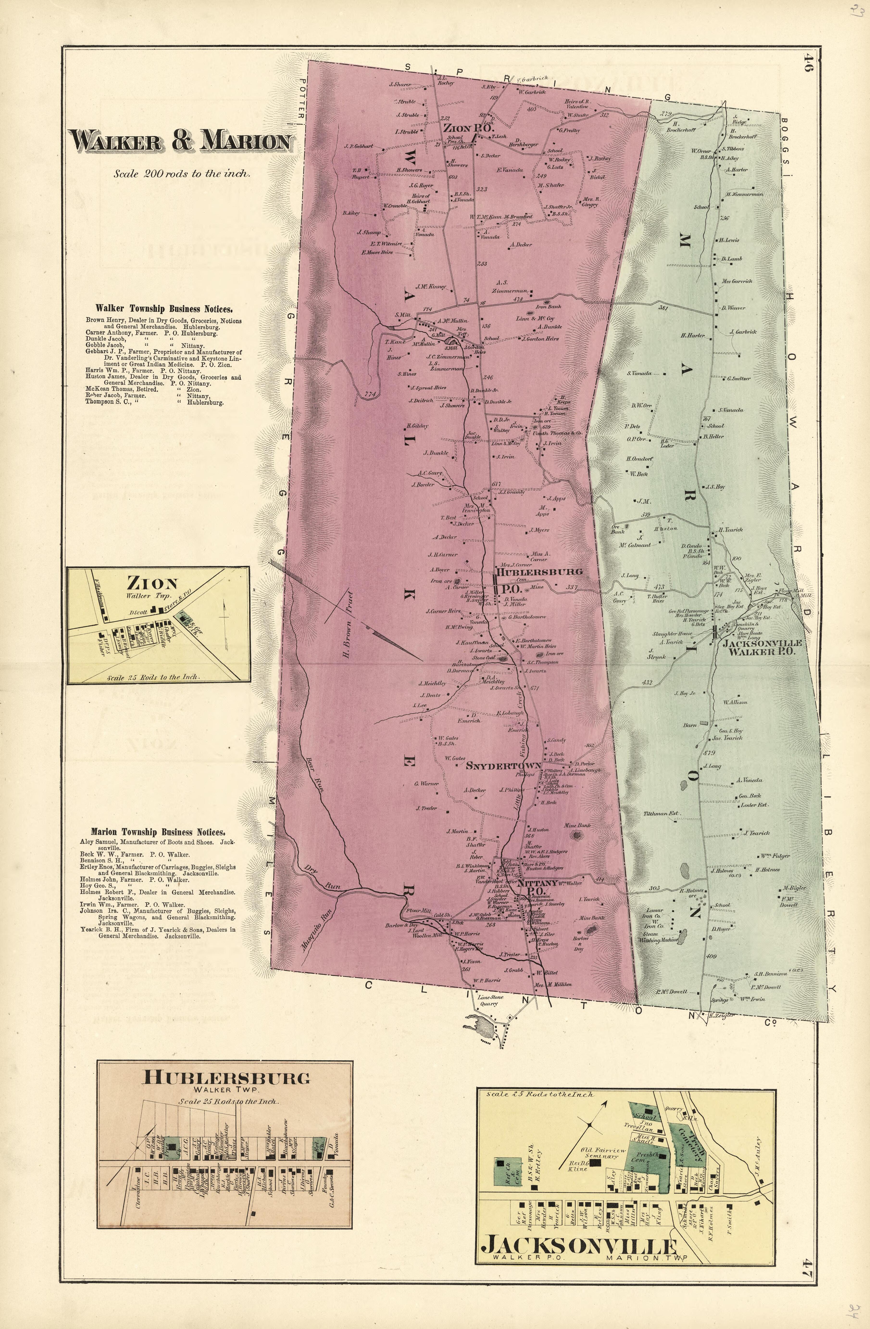 Walker &amp; Marion; Jacksonville; Hublersburg; Zion from Atlas of Centre County, Pennsylvania 1874 by Relic Map Company