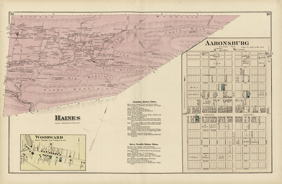 Haines; Aaronsburg; Woodward from Atlas of Centre County, Pennsylvania 1874 by Relic Map Company