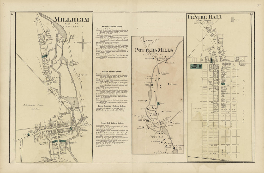 Millheim; Potters Mills; Centre Hall from Atlas of Centre County, Pennsylvania 1874 by Relic Map Company