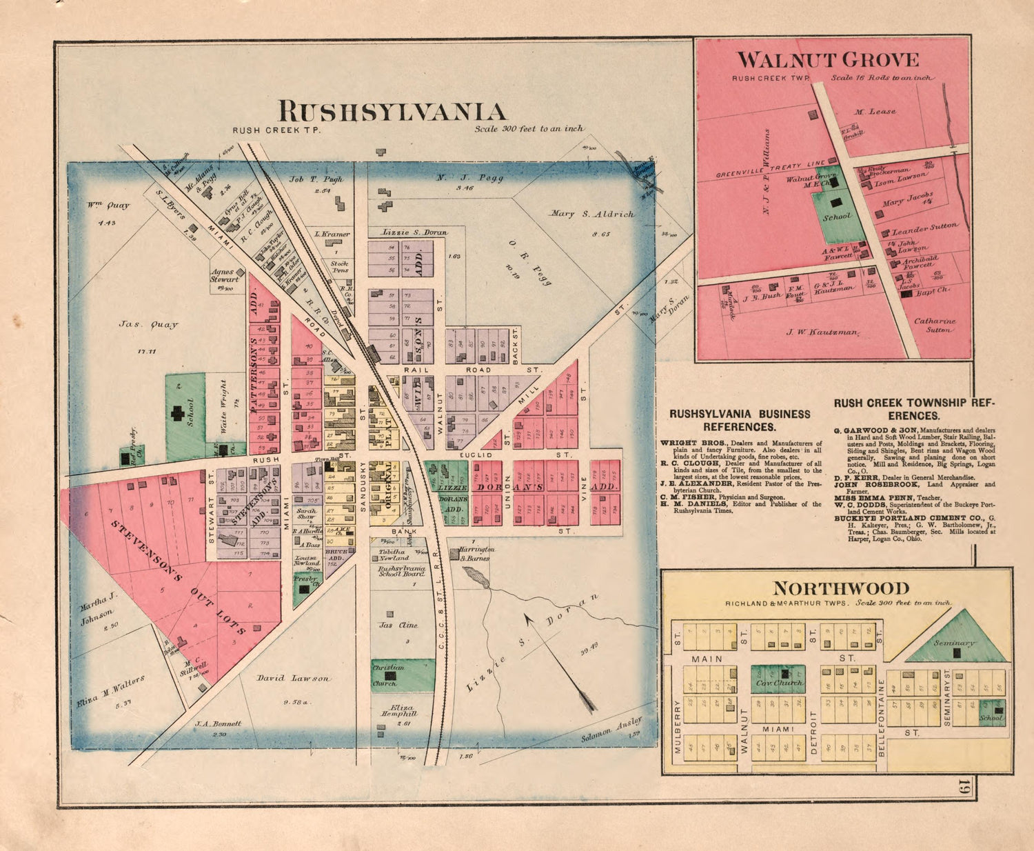 RushSylvania, Walnut Grove, Northwood from Atlas of Logan County, Ohio 1890 by Relic Map Company